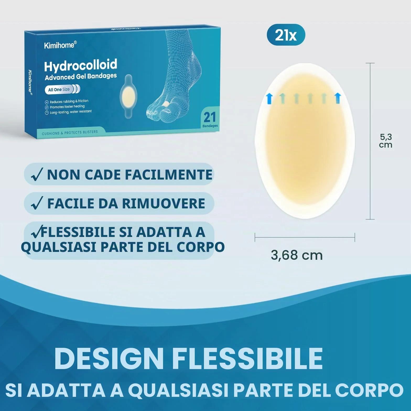 Bende idrocolloidali per vesciche piedi, 21 pezzi, adesive resistenti all'acqua per tallone e dita