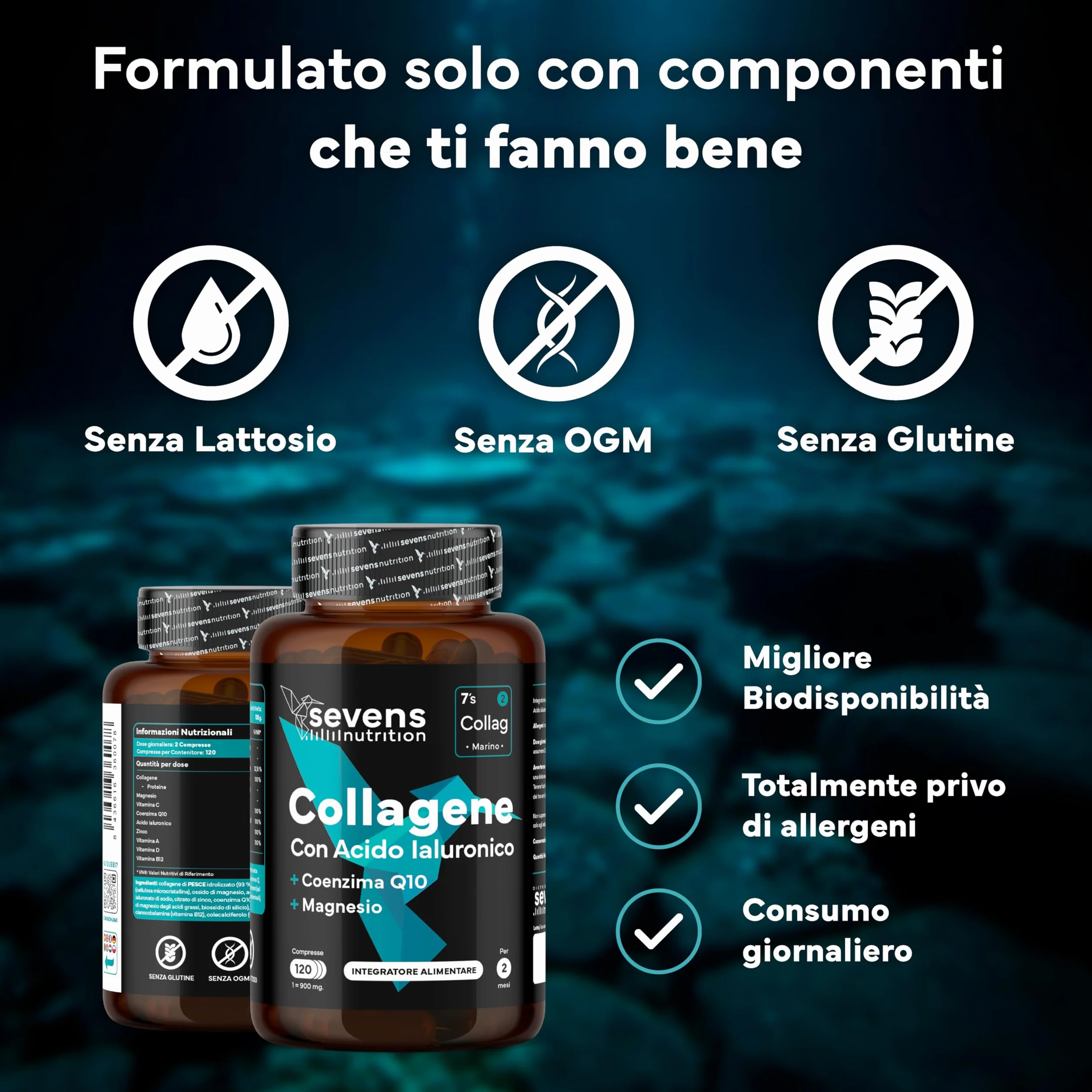 Collagene Marino con Acido Ialuronico Idrolizzato Puro - Integratore 120 Capsule – Pelle, Ossa e Articolazioni – Sevens
