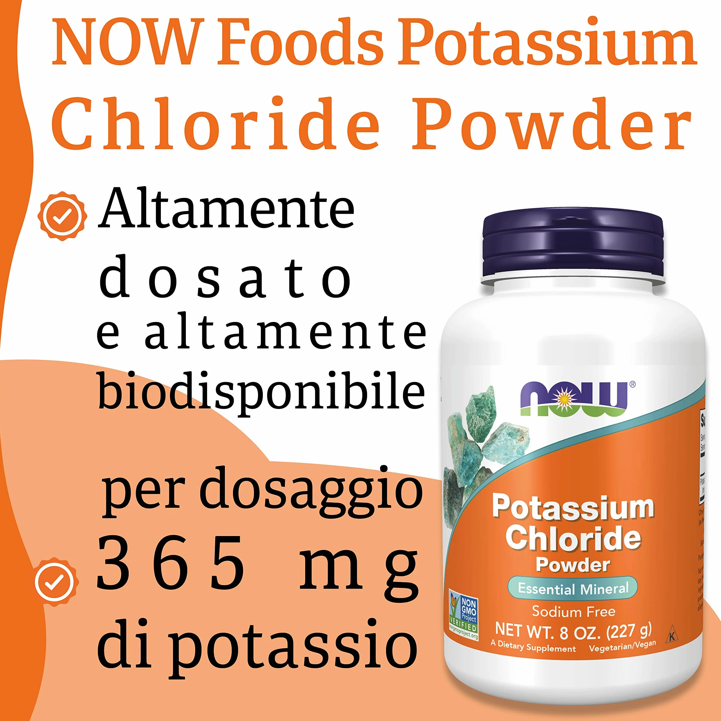 Now Foods, Potassium Chloride Powder (Cloruro di Potassio in Polvere), 227 g, Testato in Laboratorio, Potassio, Senza Glutine, Senza Soia, Vegetariano