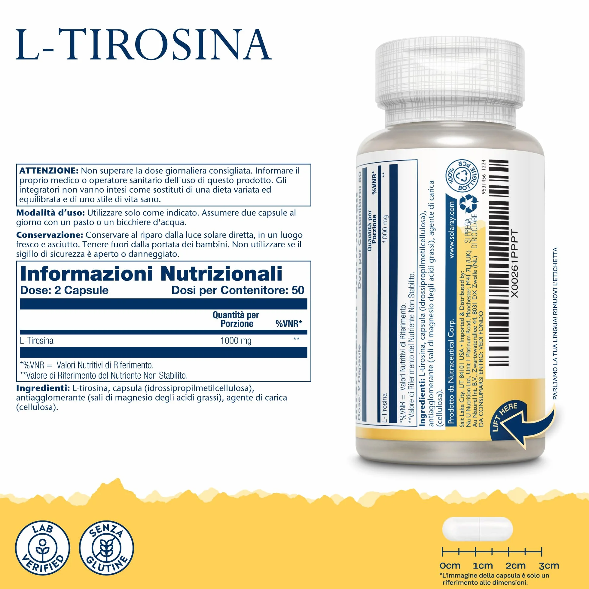 Solaray L-Tirosina 1000mg 100 Capsule Integratore di Aminoacidi Essenziali