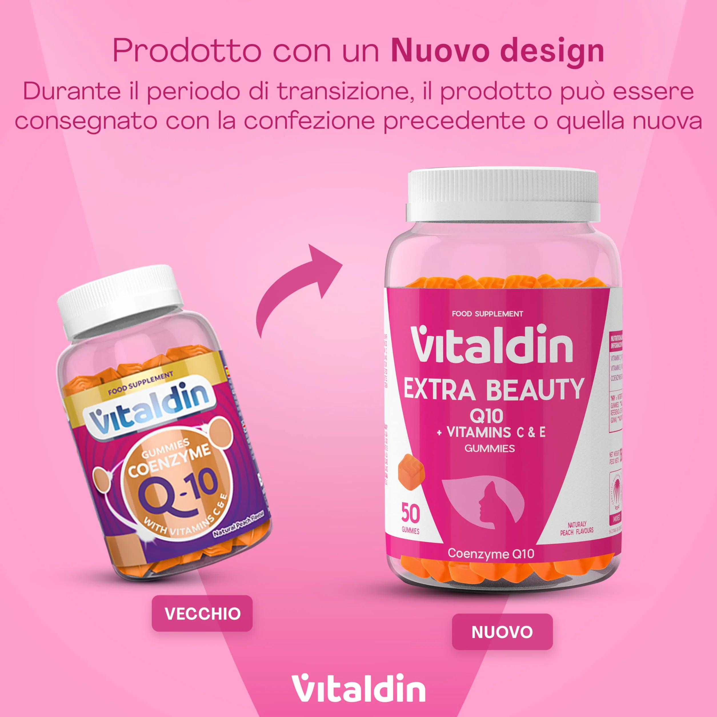 VITALDIN Coenzima Q10 Gummies – Integratore di Bellezza – 200 mg di CoQ10 per dose + Vitamina C & E – 50 Caramelle Gommose (fornitura per 1 mese), Gusto Pesca – Antiossidante – Senza Glutine