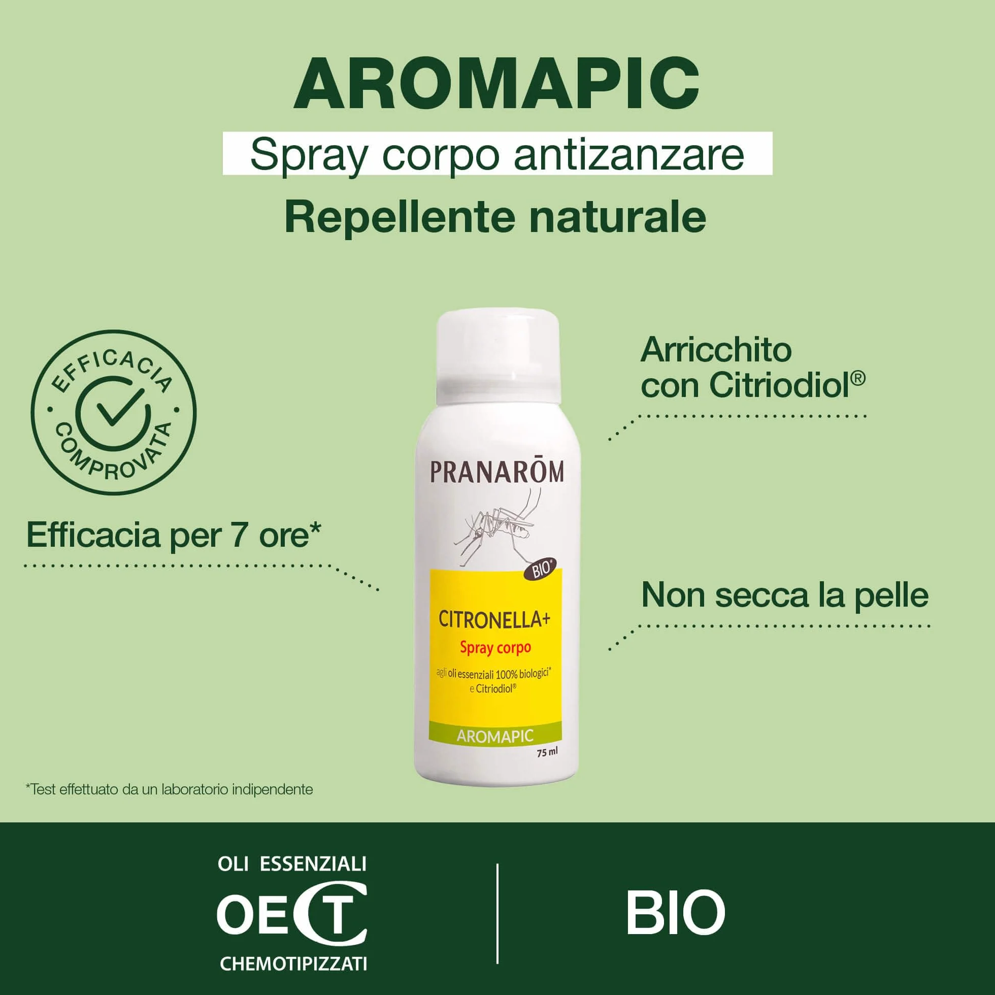 PRANARÔM Aromapic Spray Antizanzare Corpo Citronella+ Bio Repellente Zanzare 75 ml