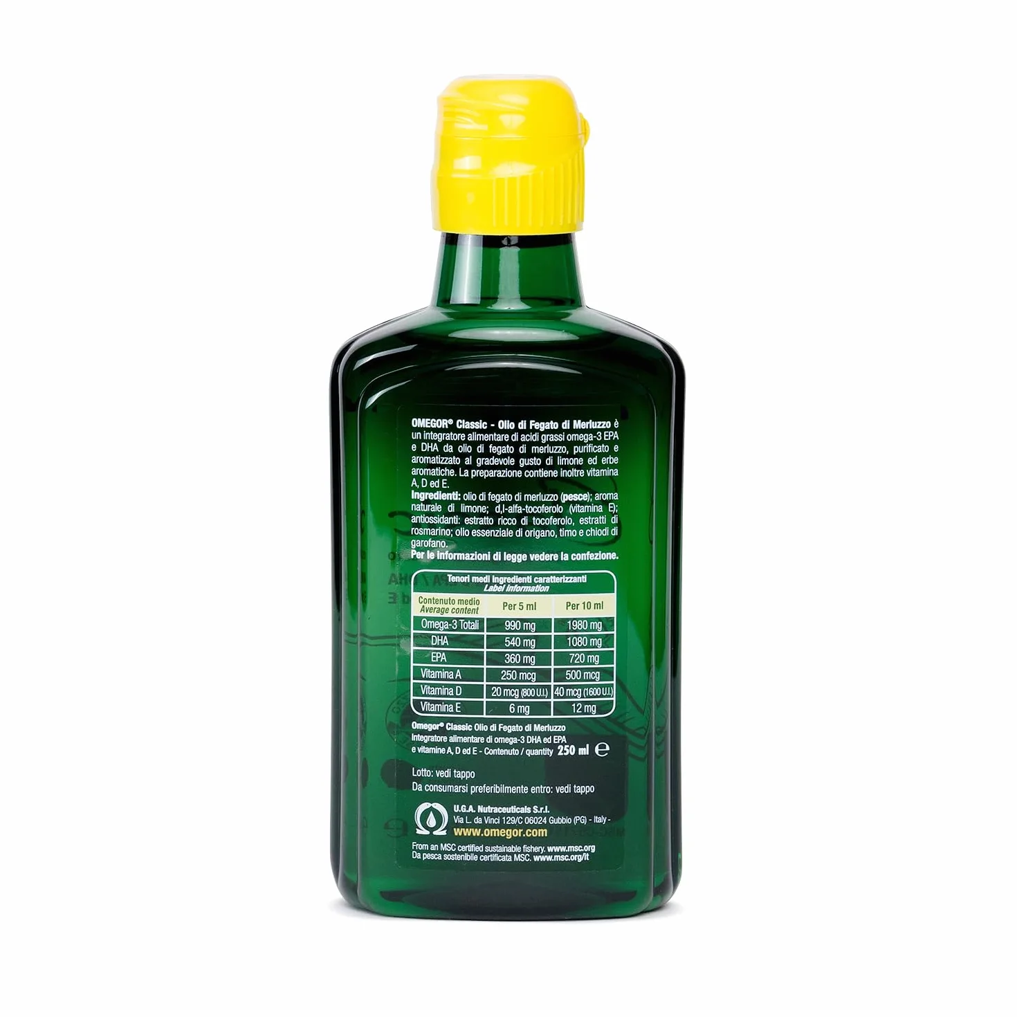 OMEGOR Classic Olio di Fegato di Merluzzo Liquido 250ml - Omega 3 1000mg con Vitamine A, D, E - 540mg DHA 360mg EPA
