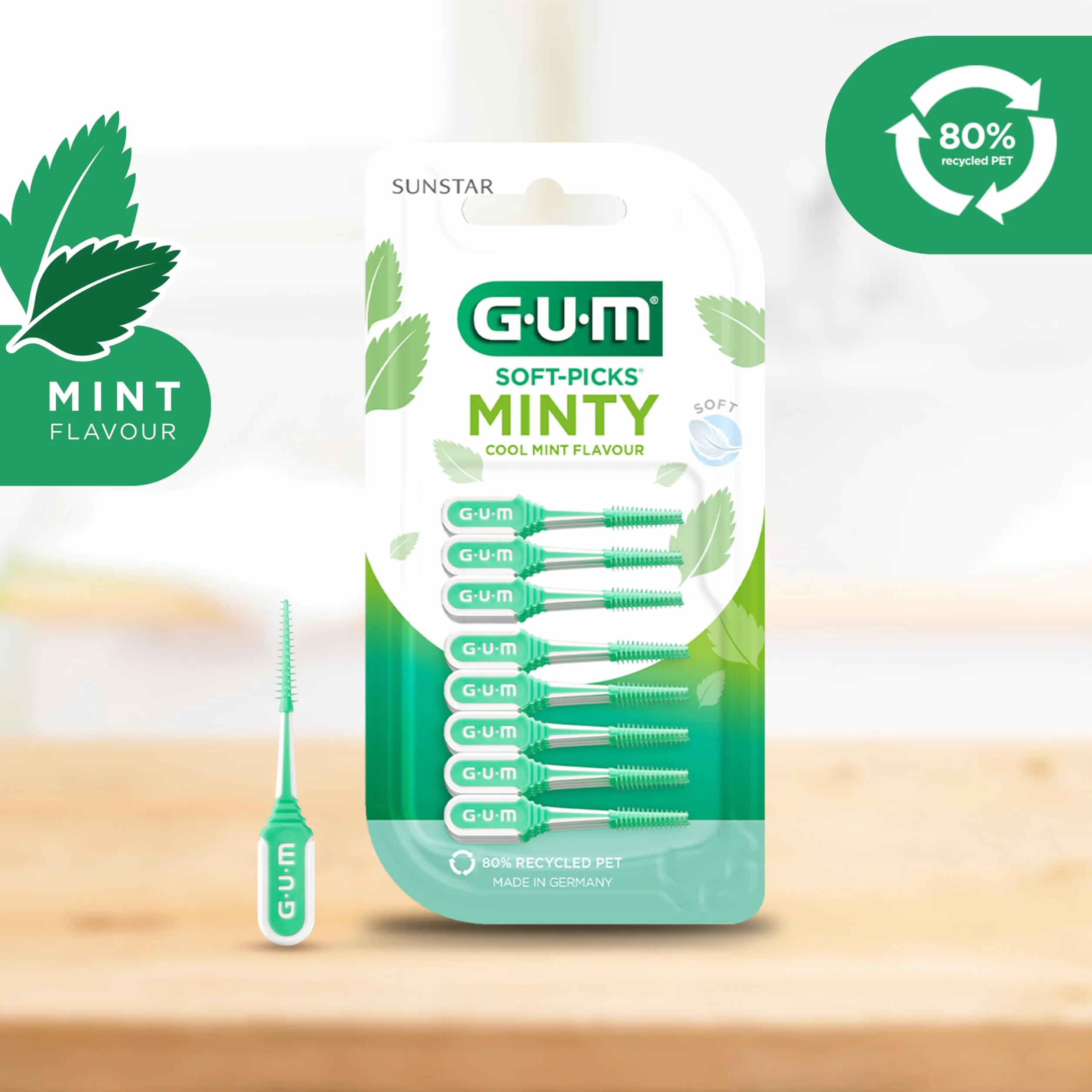 GUM SOFT-PICKS MINTY Scovolini in gomma al fresco sapore di menta Pulizia denti rimozione placca Misura M Multipack 6x40