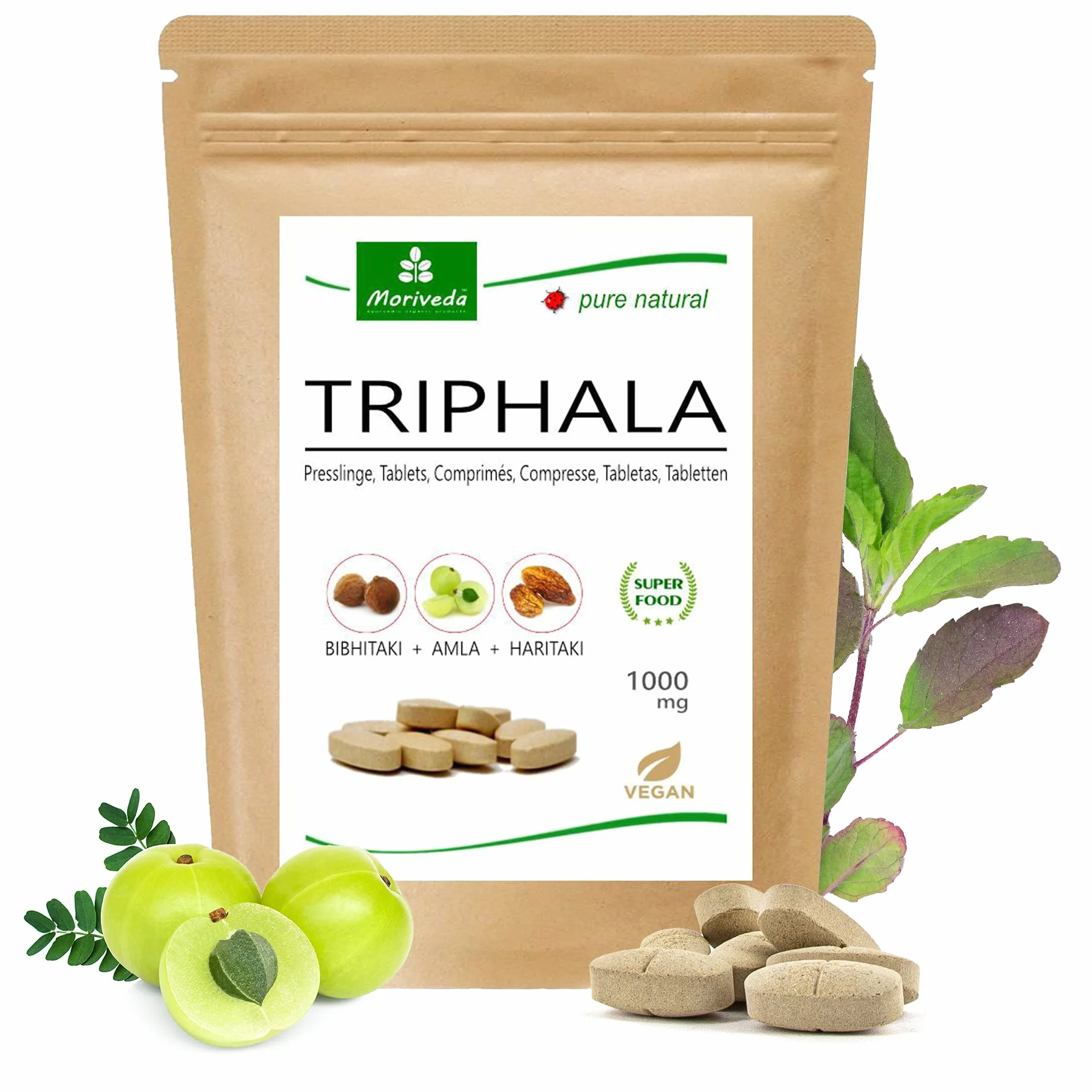 Triphala pellet 1000mg (120 o 360 pezzi) frutti reali ayurvedici Amla (Amalaki), Hiritaki, Bibhitaki - Prodotto di qualità di MoriVeda (120 compresse)