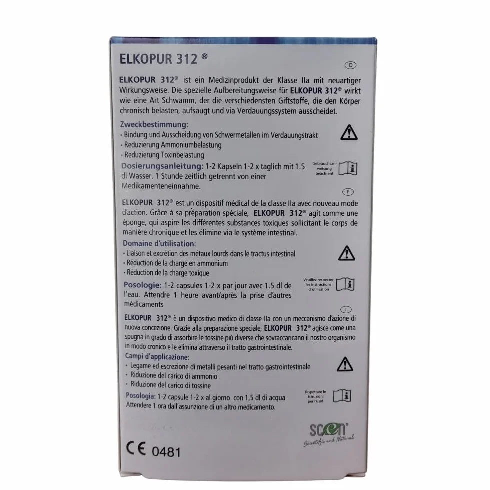 SCEN Elkopur312 Zeolite Pura Attivata 60 Capsule Detox Dispositivo Medico Classe 2A