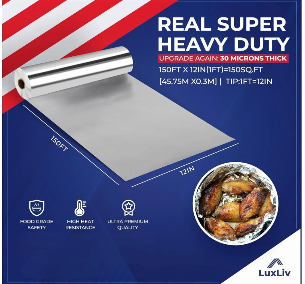 LuxLiv® Rullo di Carta Alluminio Pesante per BBQ 12 pollici x 150 piedi Grado Extra Spesso Resistente