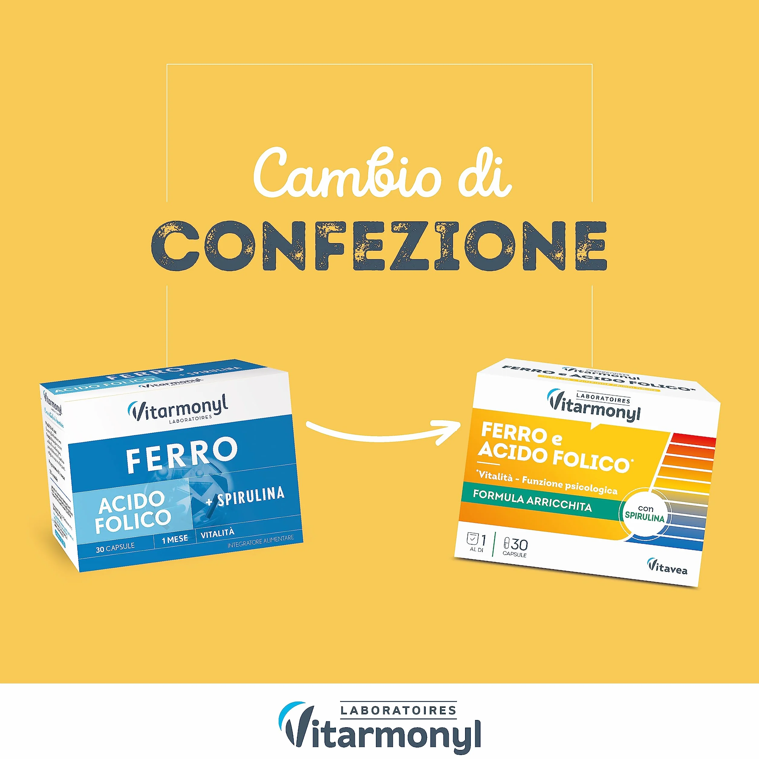 Ferro Acido Folico - Integratore Alimentare a base di Ferro e Acido Folico, con Spirulina - Per il Sistema Immunitario - Multivitaminico - Confezione da 30 capsule - Vitarmonyl
