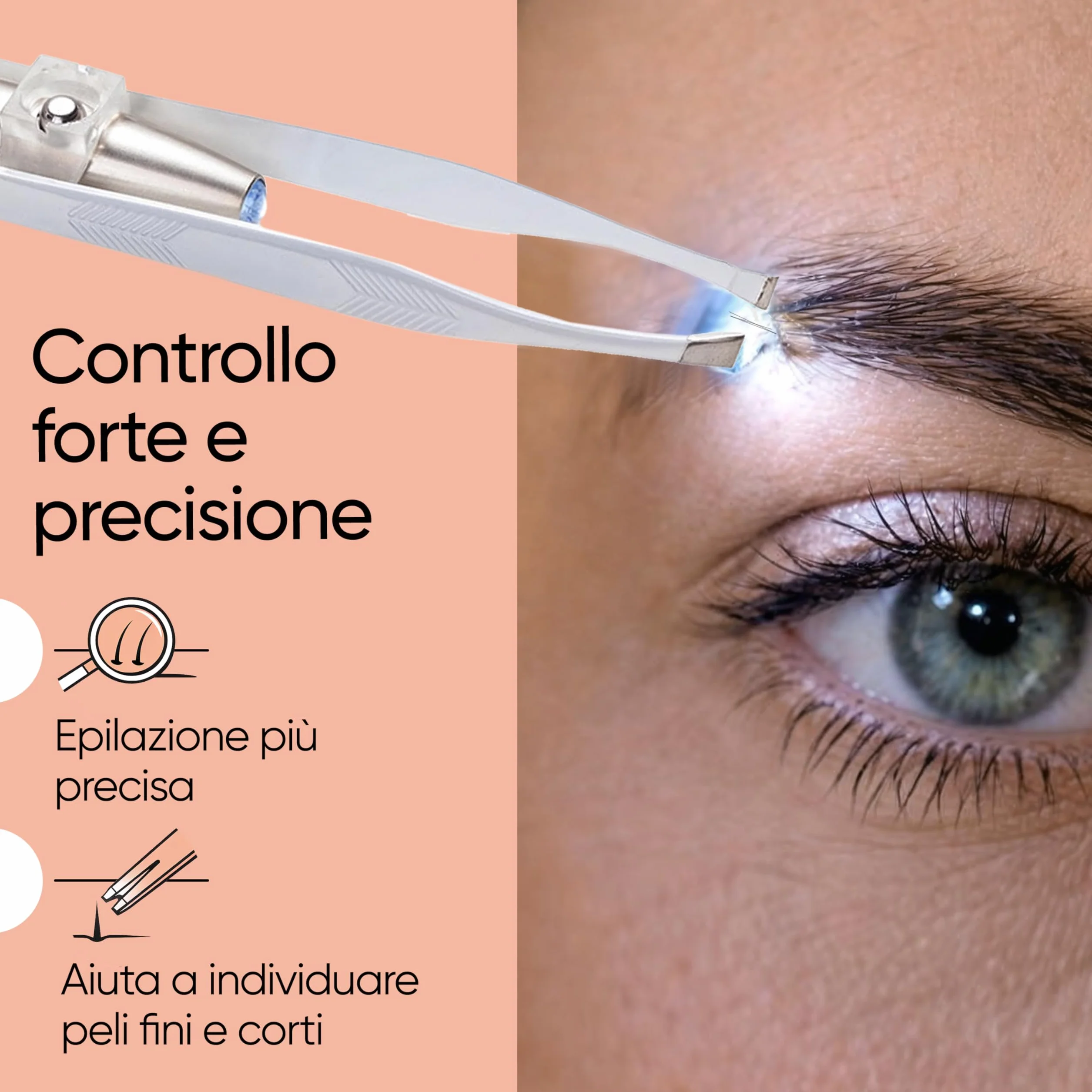 Sensica Pinzette Sopracciglia con Luce LED Professionali – Pinzette di Alta Precisione a Punta Obliqua in Acciaio Inox, Pinzette Luminose per Peli Incarniti e Viso, Idea Regalo Donna