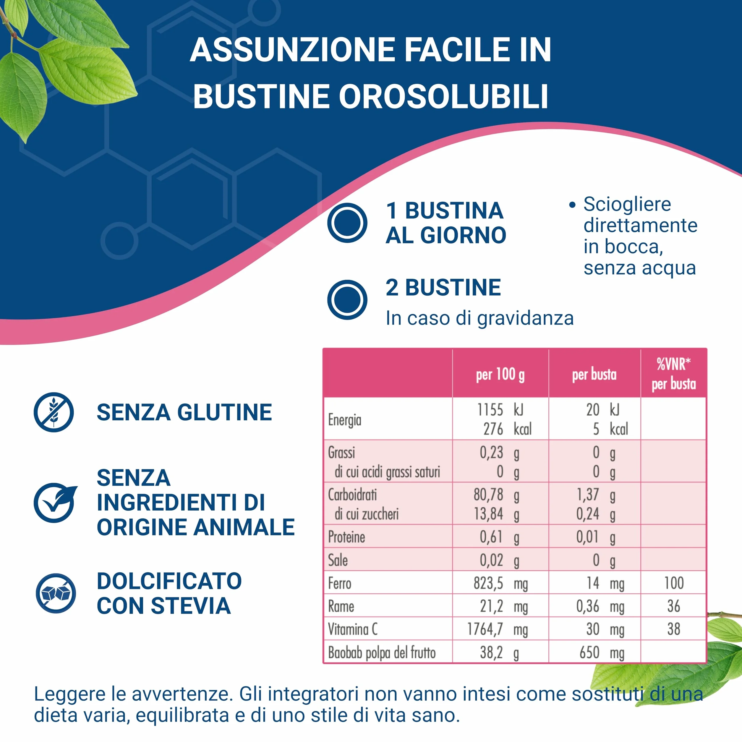 GUNA Ferroguna 28 Bustine Orosolubili - Integratore Alimentare a Base di Ferro, Rame, Vitamina C, con Polpa Disidratata del Frutto del Baobab