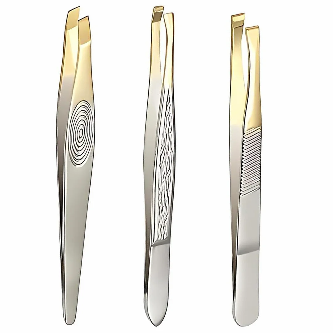 Pinzetta Sopracciglia, Set Di 3 Pezzi In Acciaio Inox, Semi-Dorato, Lunghezza 9 Cm, Pinzette Professionali Per Allungare Ciglia, Rimozione Peli Viso, Cura Sopracciglia E Barba