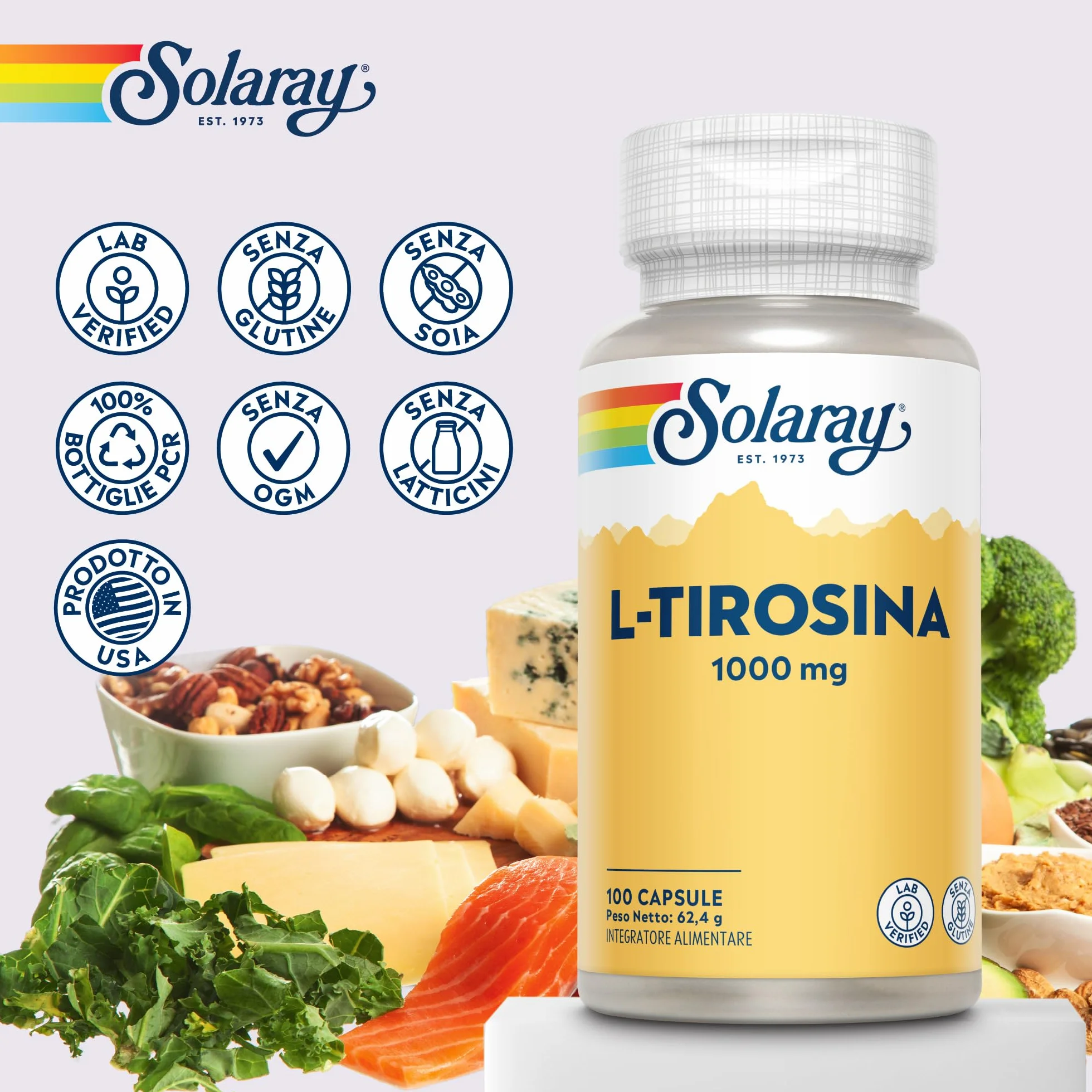 Solaray L-Tirosina 1000mg 100 Capsule Integratore di Aminoacidi Essenziali