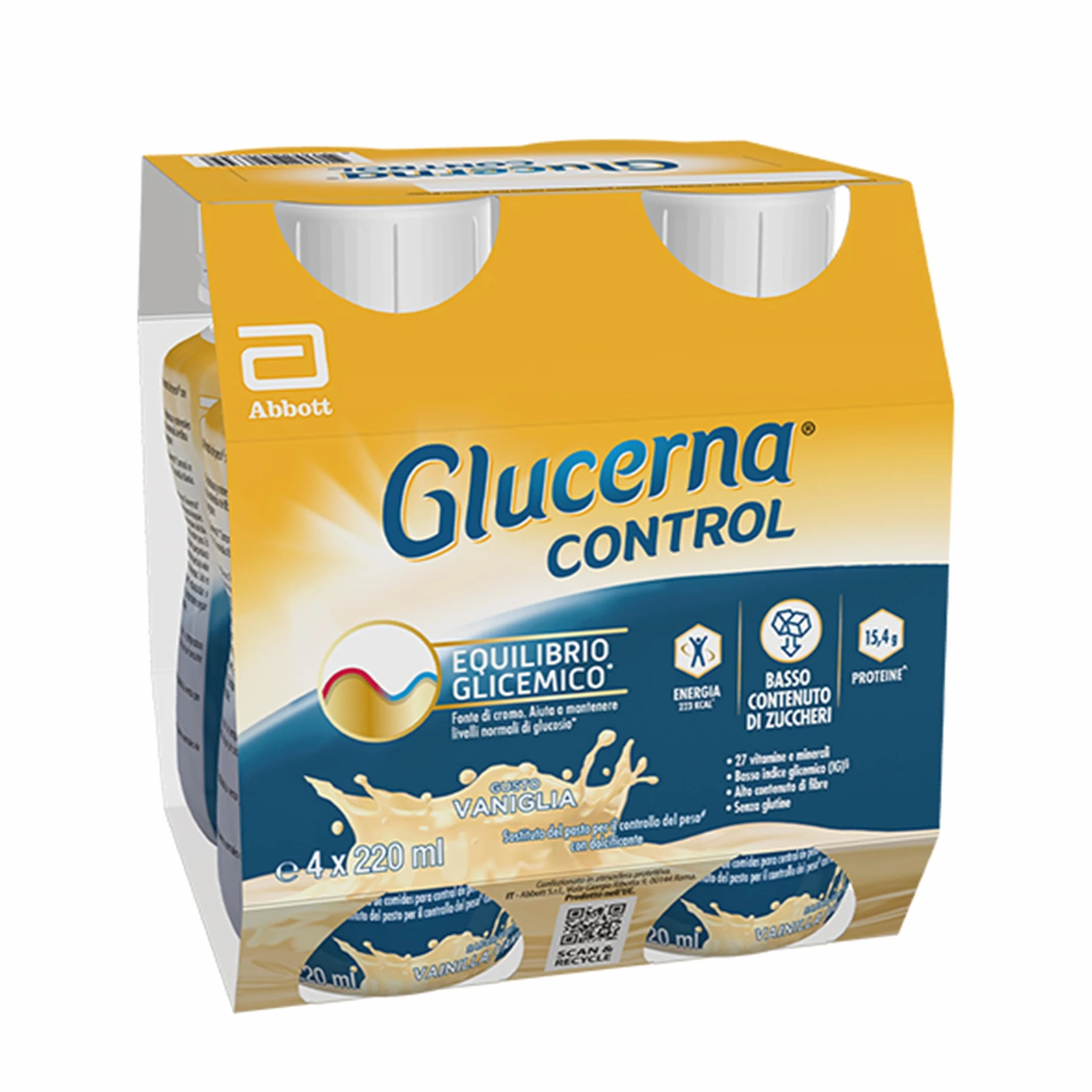 Glucerna Control | Equilibrio Glicemico | Pasto Sostitutivo con Basso Contenuto di Zuccheri| Confezione 4x220 ml, Gusto Vaniglia