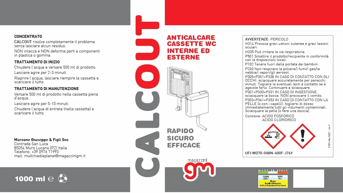 Disincrostante Anticalcare CalcOut per Cassetta WC, Effetto Rapido, Sicuro per Plastiche e Gomme, 1L