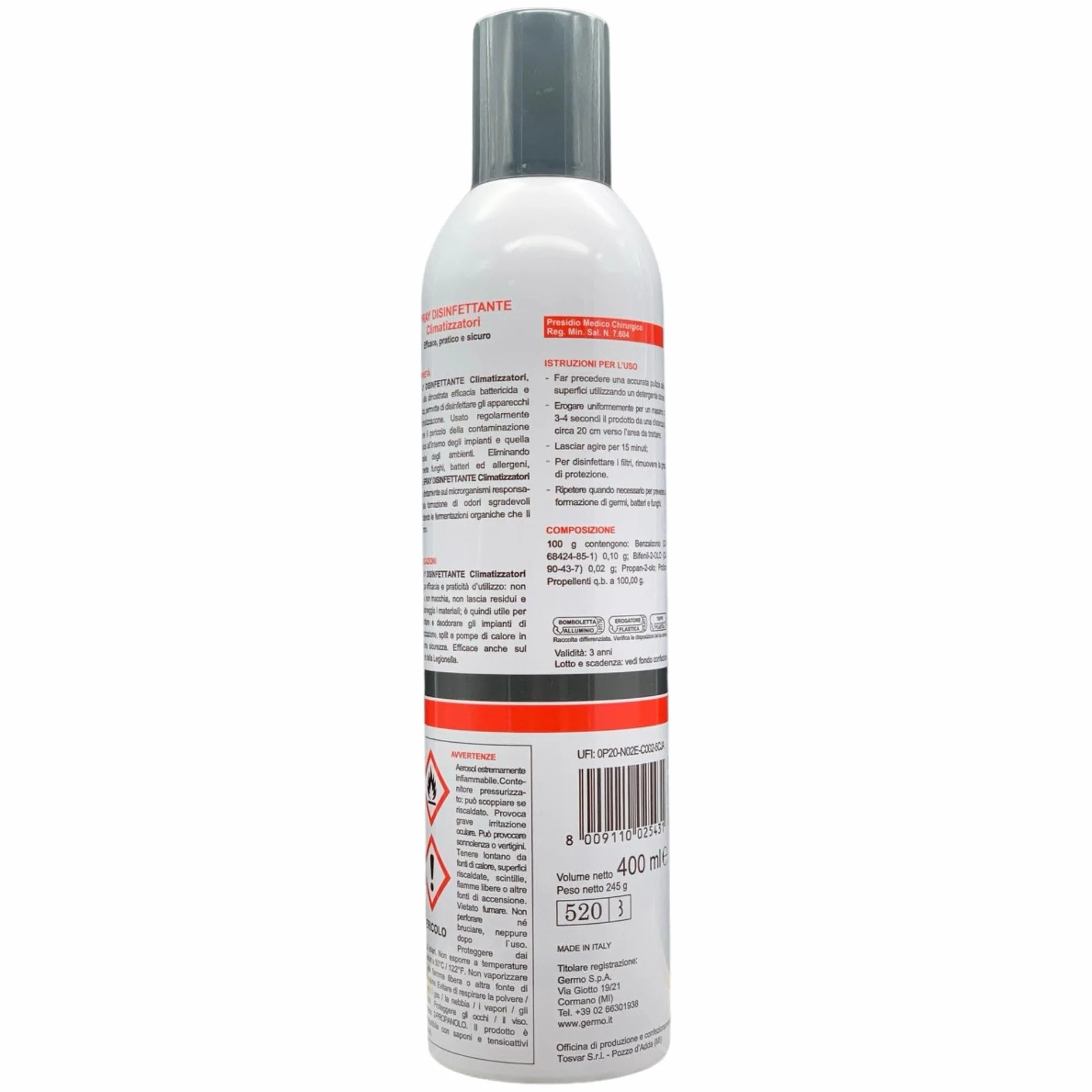 Spray Disinfettante per Climatizzatori 400ml + Guanti HDPE Monouso 100pz