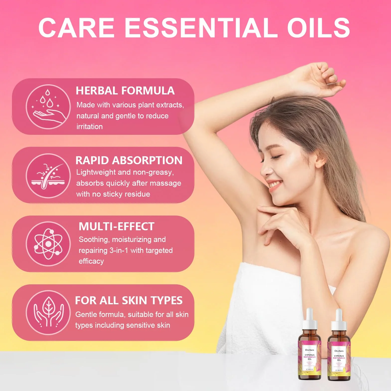 Cyperus Rotundus Oil 60ML Hair Removal, Riduce i pori e inibisce la crescita dei peli, Adatto a tutti i tipi di pelle (Rosa)