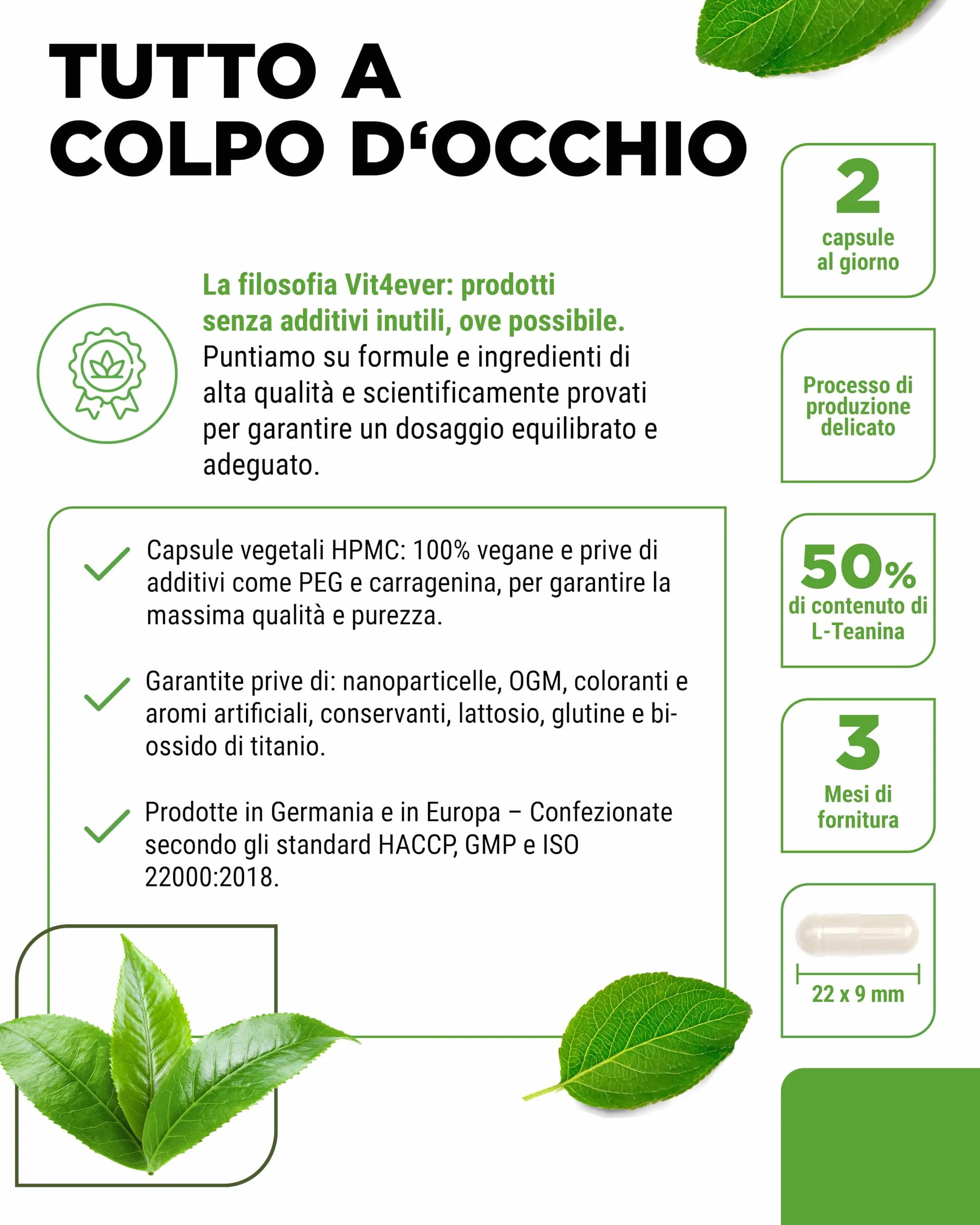 L-Teanina - 180 capsule - 750 mg per dose giornaliera - Da estratto naturale di tè verde - Alta dose - Vegana