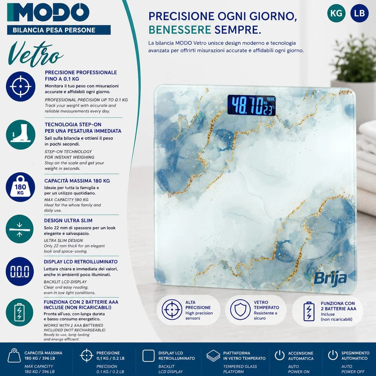 IPEA Bilancia Pesapersone Digitale Ultra Sottile Tecnologia STEP ON Massima Precisione Peso Effetto Marmo Vetro Temperato Display 0,1 KG Max 180Kg