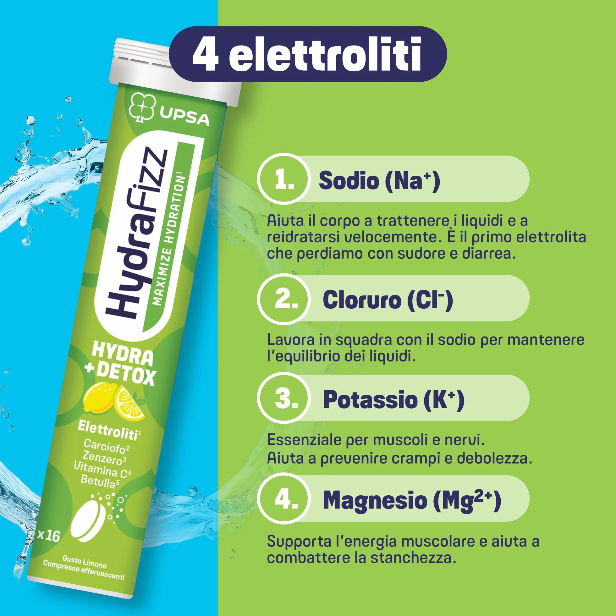 UPSA Hydrafizz Detox 16 Compresse Effervescenti Integratore Alimentare con Elettroliti Carciofo Zenzero Gusto Limone