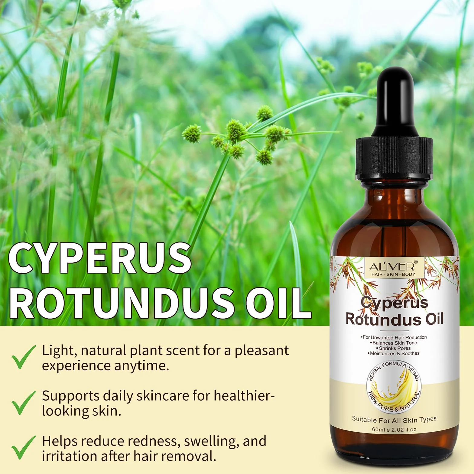 Cyperus Rotundus Olio depilazione 100% puro naturale corpo viso riduce crescita peli barba restringe pori idrata