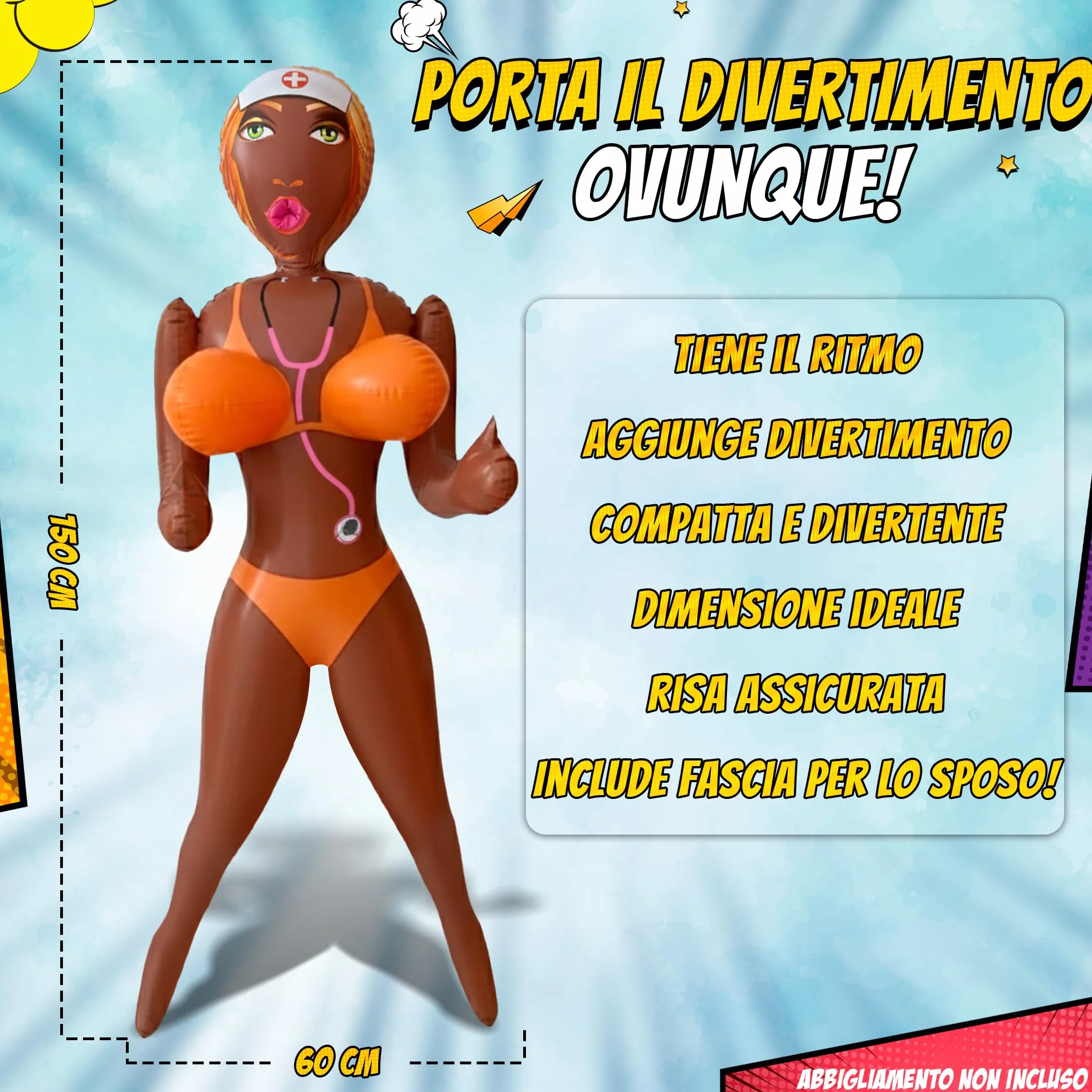 Bambola Gonfiabile Donna con Fascia per Addio al Celibato e Confezione Originale - Altezza 150 cm - Nurse Nikki