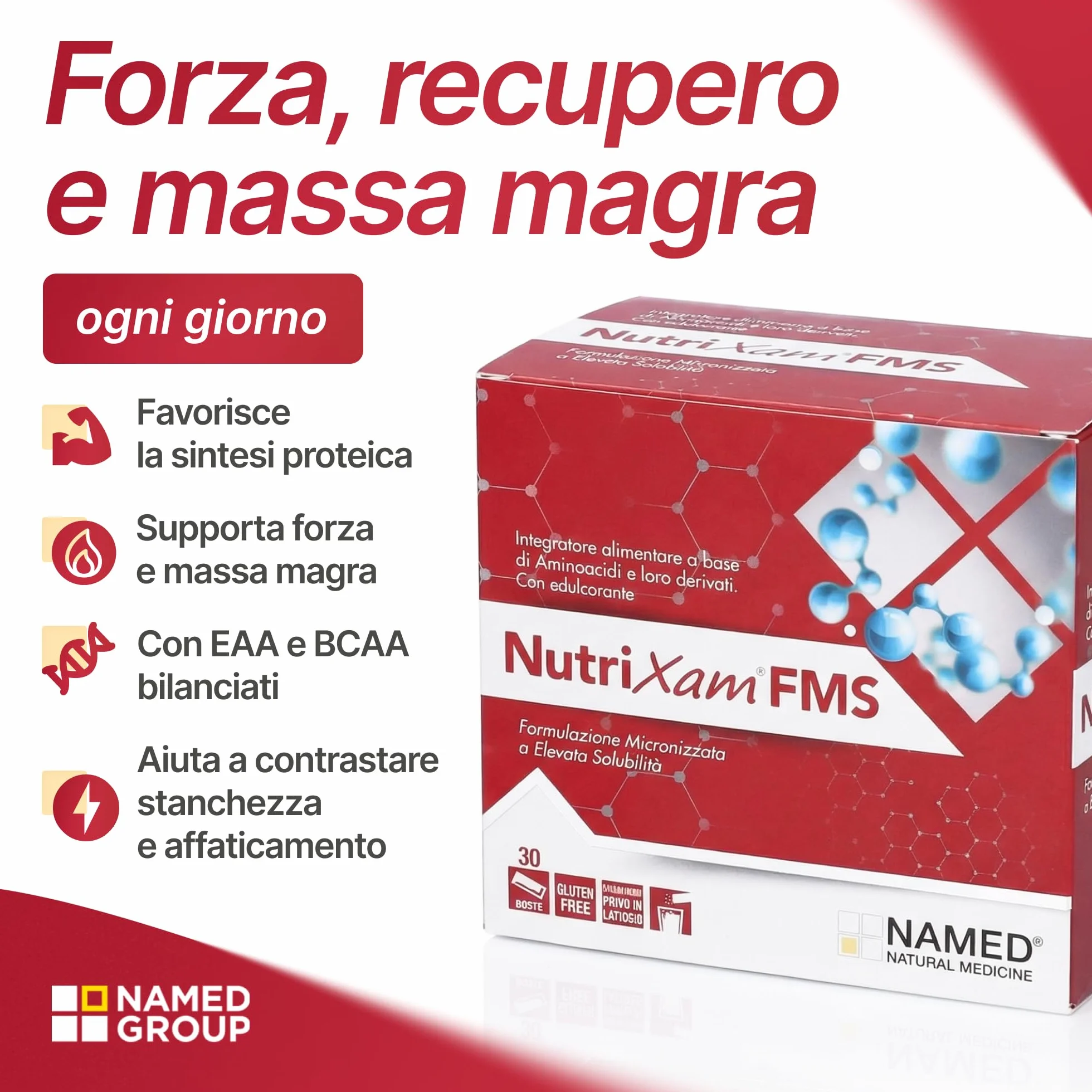 NAMED Nutrixam Integratore Aminoacidi Essenziali EAA | Aminoacidi Ramificati BCAA | Supporto per Recupero Muscolare, Energia e Benessere Fisico | Integratore Completo Adulti | FMS, 30 Buste