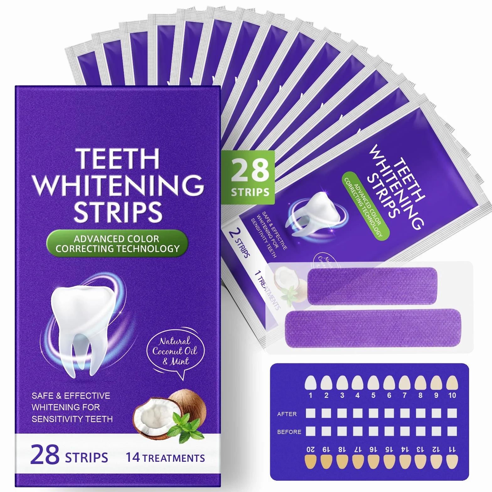 Strisce sbiancanti dei denti viola Strisce sbiancanti 14 trattamenti per smalto sicuro, Teeth Whitening Strips Dall'interno, At-Home Kit sbiancante - Sensitivity Free