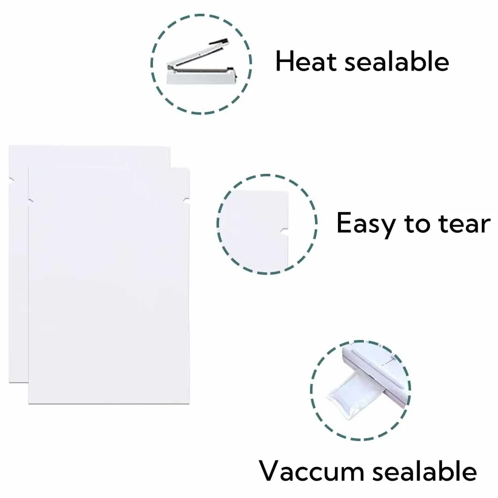 Open Top Mylar Sacchetti Piatti Sigillabili Sottovuoto 5x8cm Bianco 200 Pezzi