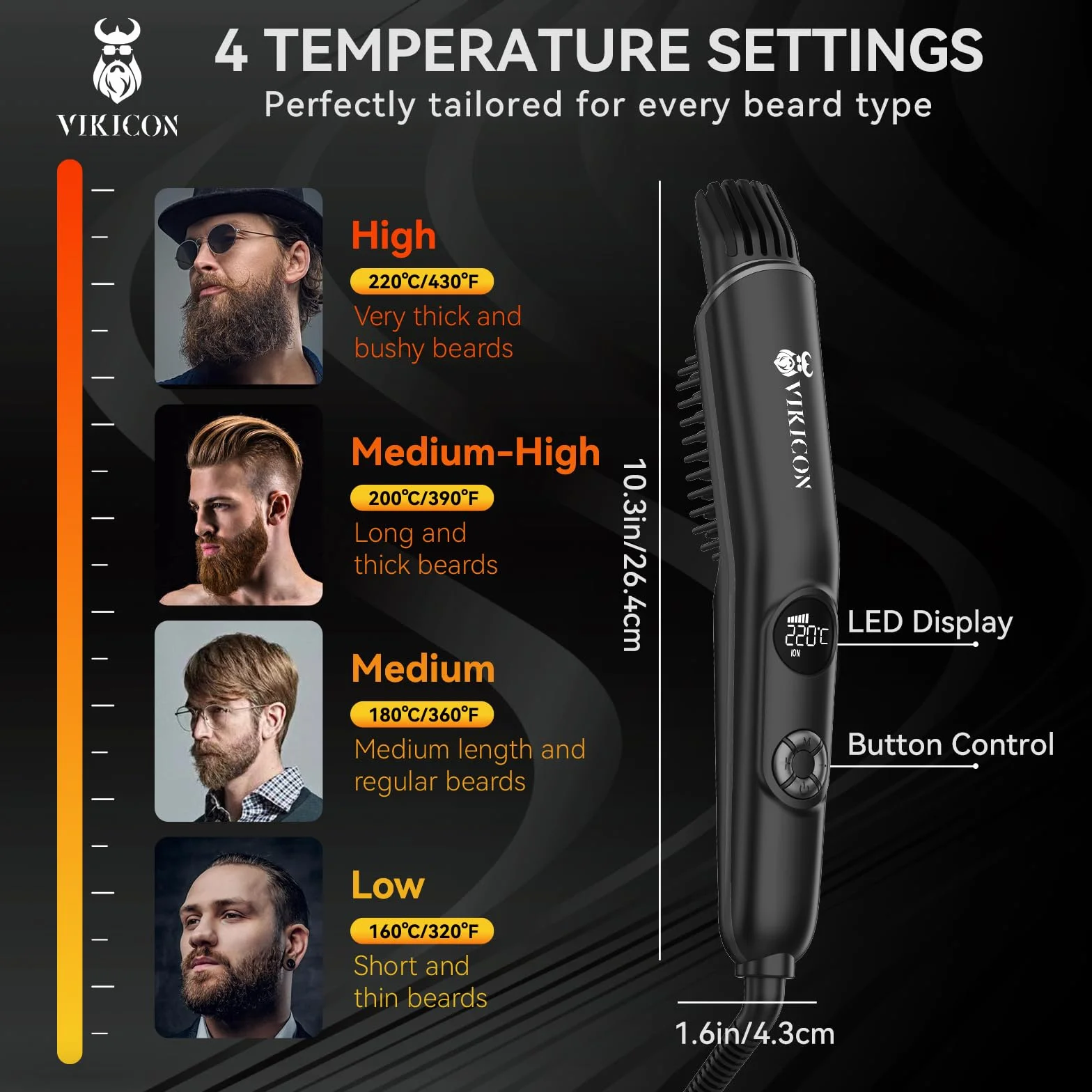 VIKICON Spazzola 3 in 1 per Uomo, Pettine Professionale Con Volumizzatore, 4 Livelli di Calore (120-220℃), Piastra Lisciante per Barba Agli Ioni, Spazzola per Casa/Viaggio