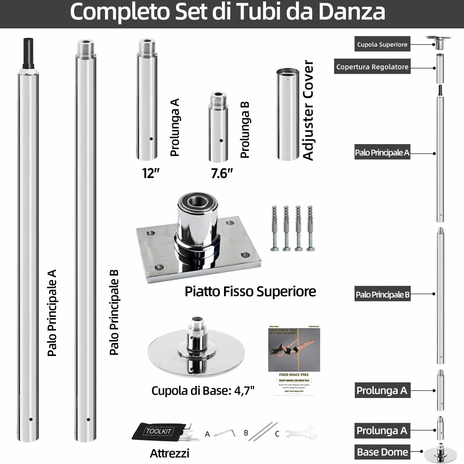 PRIOR FITNESS Set Palo da Ballo Fisso 45 mm, Palo Fitness Rotante/Statico, Piastra Fissa per Danza, con Certificazione CE