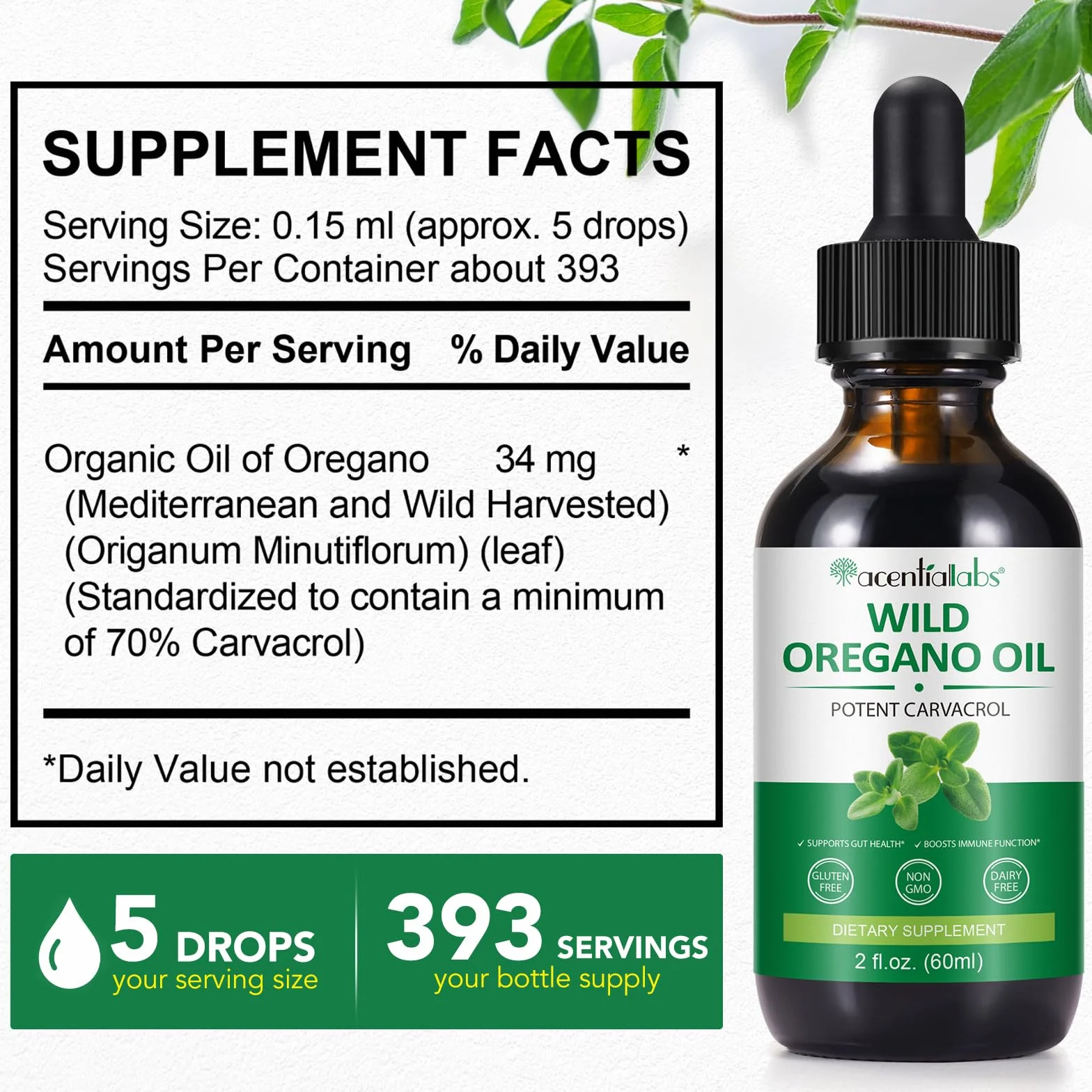 Olio di Origano 60ml Bio Olio Essenziale con Olio d'Oliva per Supporto Immunitario