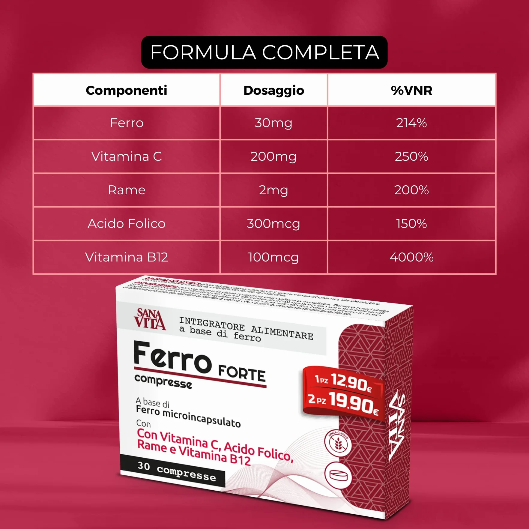 Sanavita Ferro Forte Integratore Alimentare con Ferro Alto dosaggio, Vitamina C, Rame, Acido Folido e Vitamina B12 Alo Dosaggio - 30 compresse