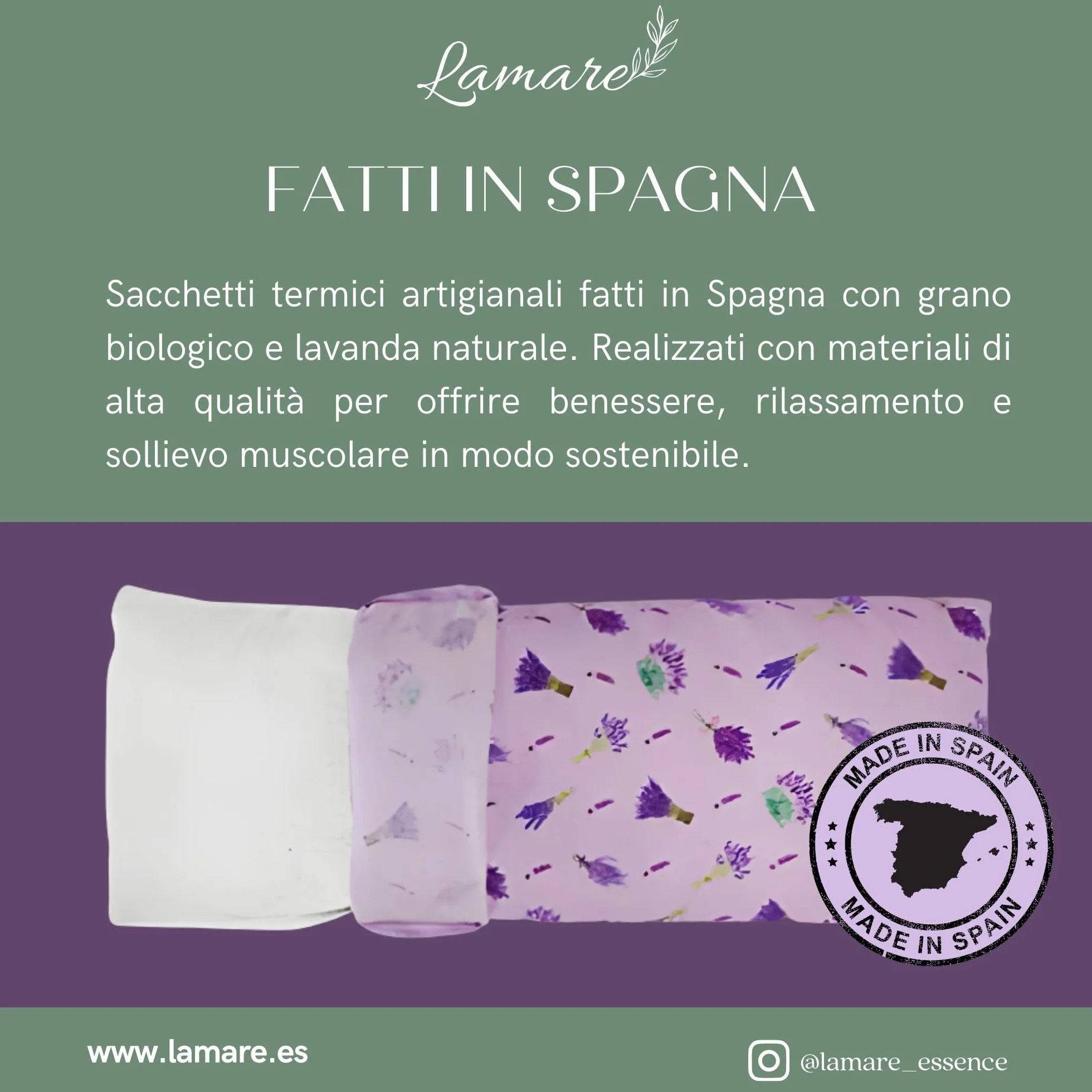 Lamare - Cuscino termico con semi di grano ecologico e lavanda, 48 x 15 cm, rivestimento lavabile 100% cotone, per cervicale e coliche, terapie a freddo e caldo, Lavanda stampata