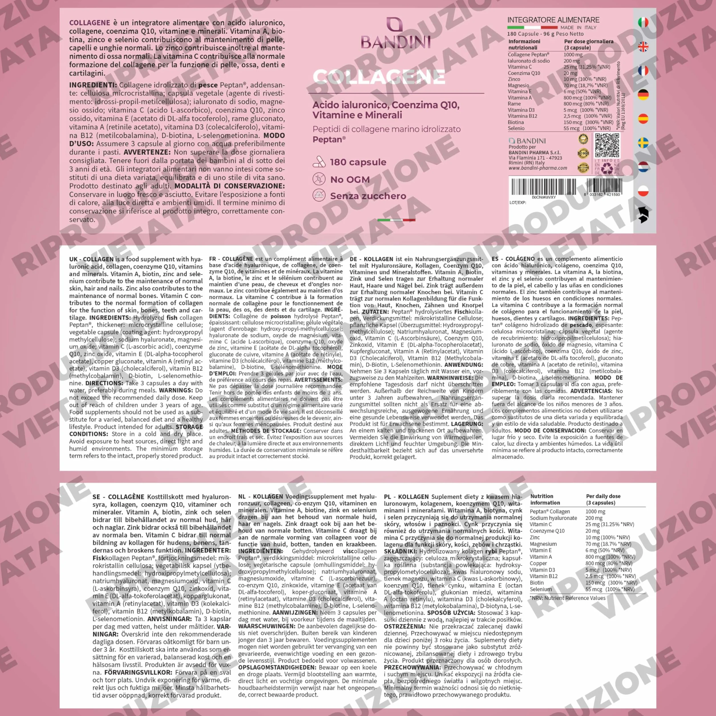 Bandini Collagene Peptan Acido Ialuronico 180 Capsule, Collagene Marino Idrolizzato Tipo 1 con Coenzima Q10, Vitamina C, Biotina, Zinco e Selenio, Integratore per Articolazioni, Pelle e Ossa