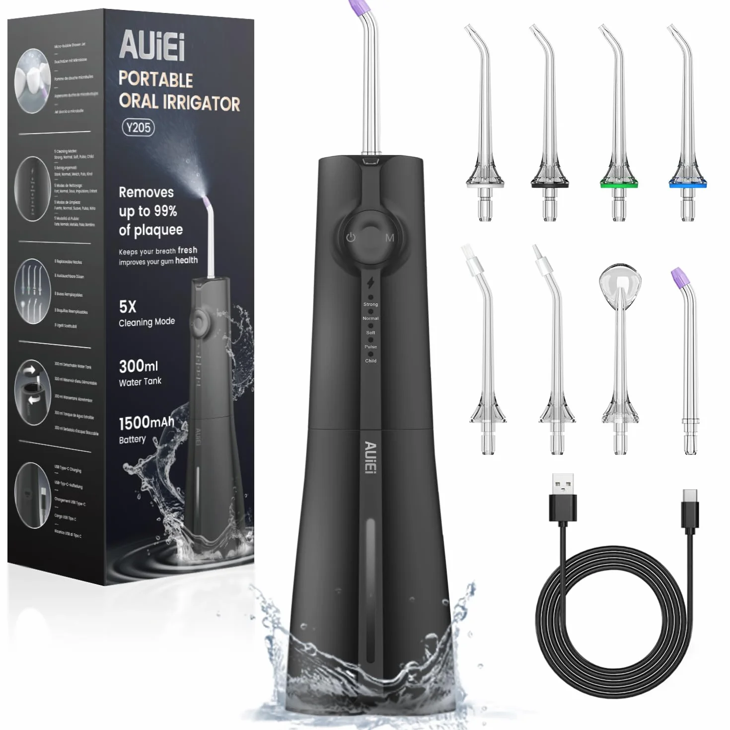 AUIEI Idropulsore dentale senza fili, irrigatore orale IPX7, serbatoio 300 ml, 5 modalità, 8 ugelli, Nero
