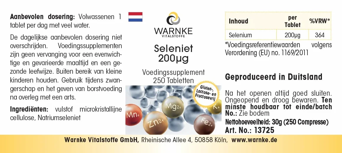 Selenite 200μg - 250 compresse - 200μg di selenio per compressa - Selenito di sodio - ALTO DOSAGGIO - Qualità farmaceutica tedesca - Vegano | Warnke Vitalstoffe