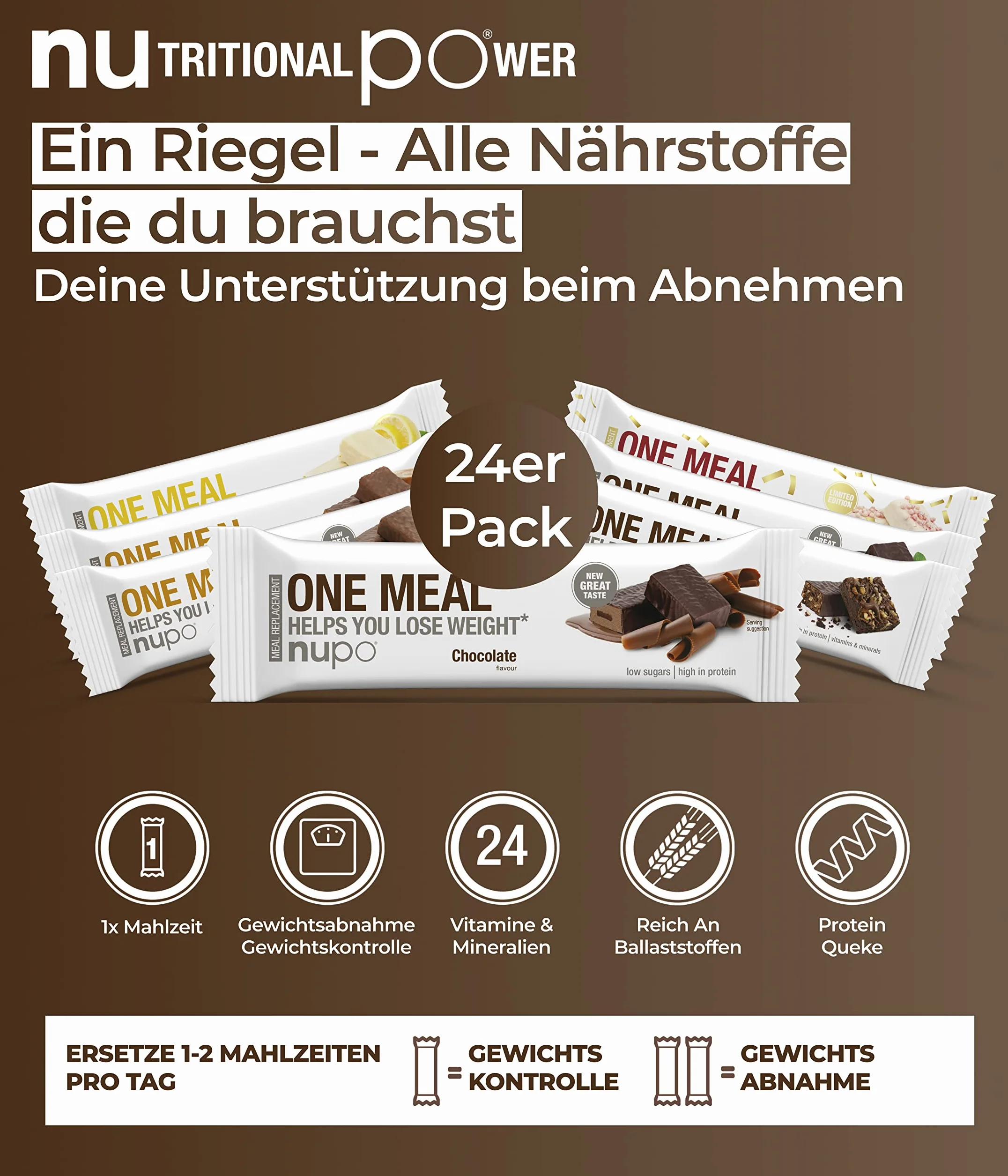 NUPO One Meal Bar Cioccolato barrette sostitutive del pasto 24 x 60g alto contenuto di proteine vitamine minerali