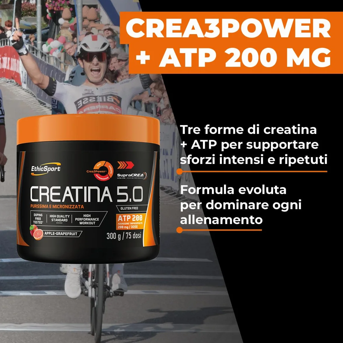 EthicSport CREATINA 5.0 – Creatina evoluta a base di SupraCREA®, con Crea3Power e ATP 200mg – Incrementa le prestazioni fisiche in attività brevi e intense** – doping free tested – 300g