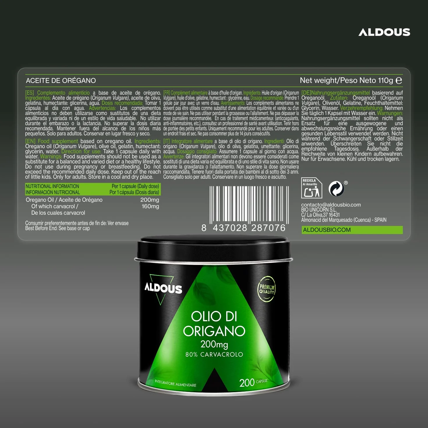 Olio di Origano 200 Capsule 160mg Carvacrol 80% Integratore Sistema Immunitario ALDOUS