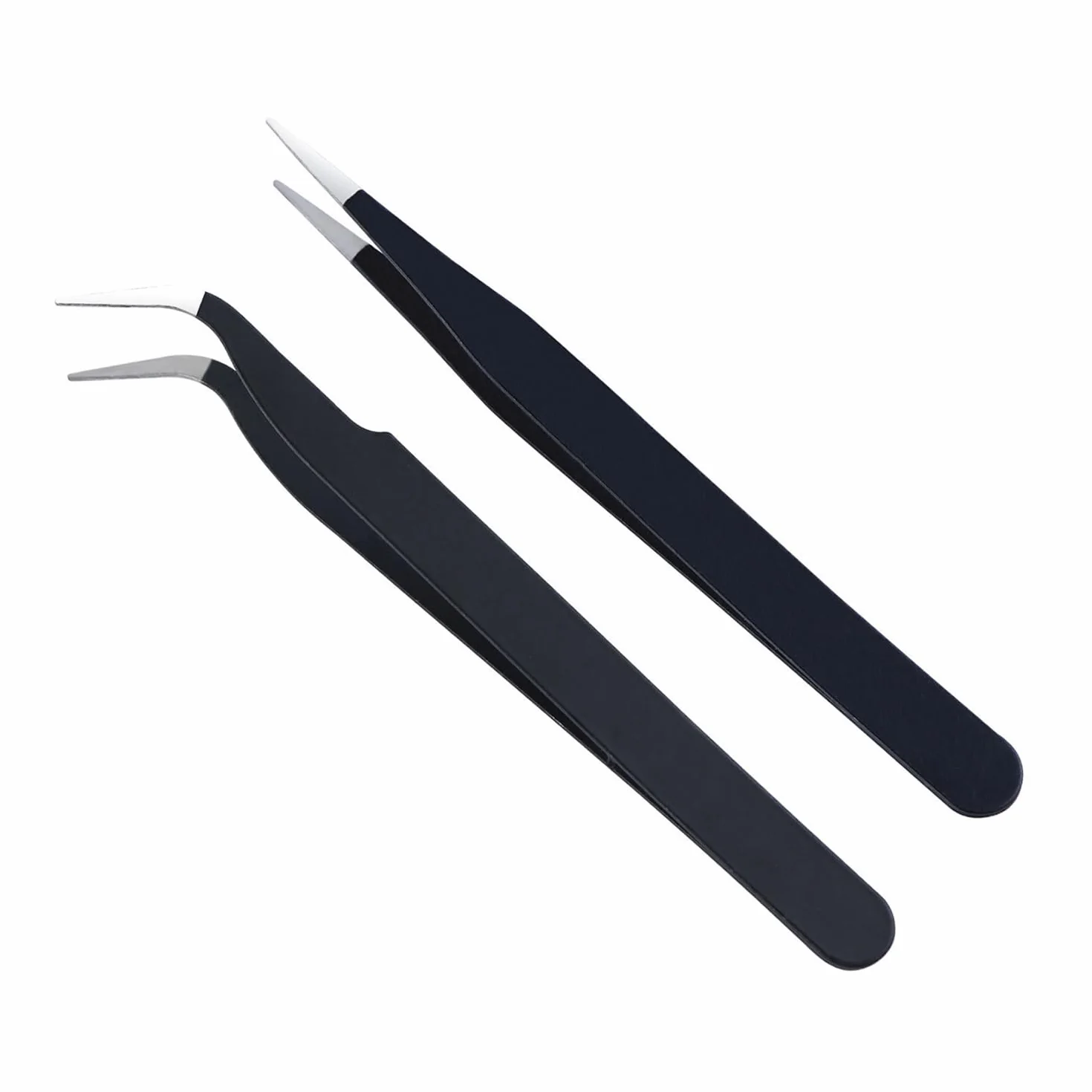 2 Pezzi Pinzetta, Pinzetta Extension Ciglia, Pinzette Diritto e Curvo Tip Pinza, per Estensioni Ciglia, DIY (Nero)