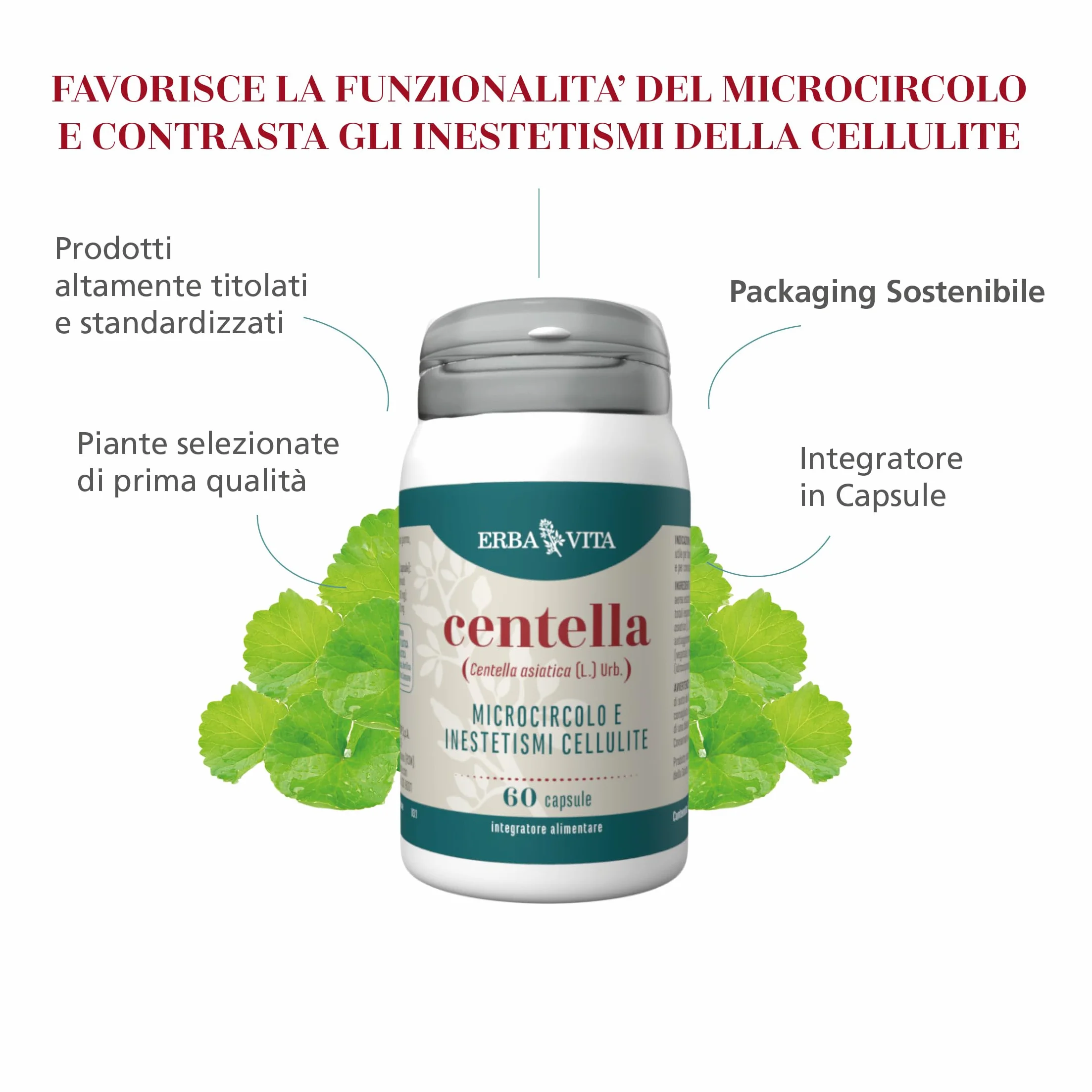 ERBA VITA Integratore Alimentare Centella 60 Capsule Microcircolo Cellulite