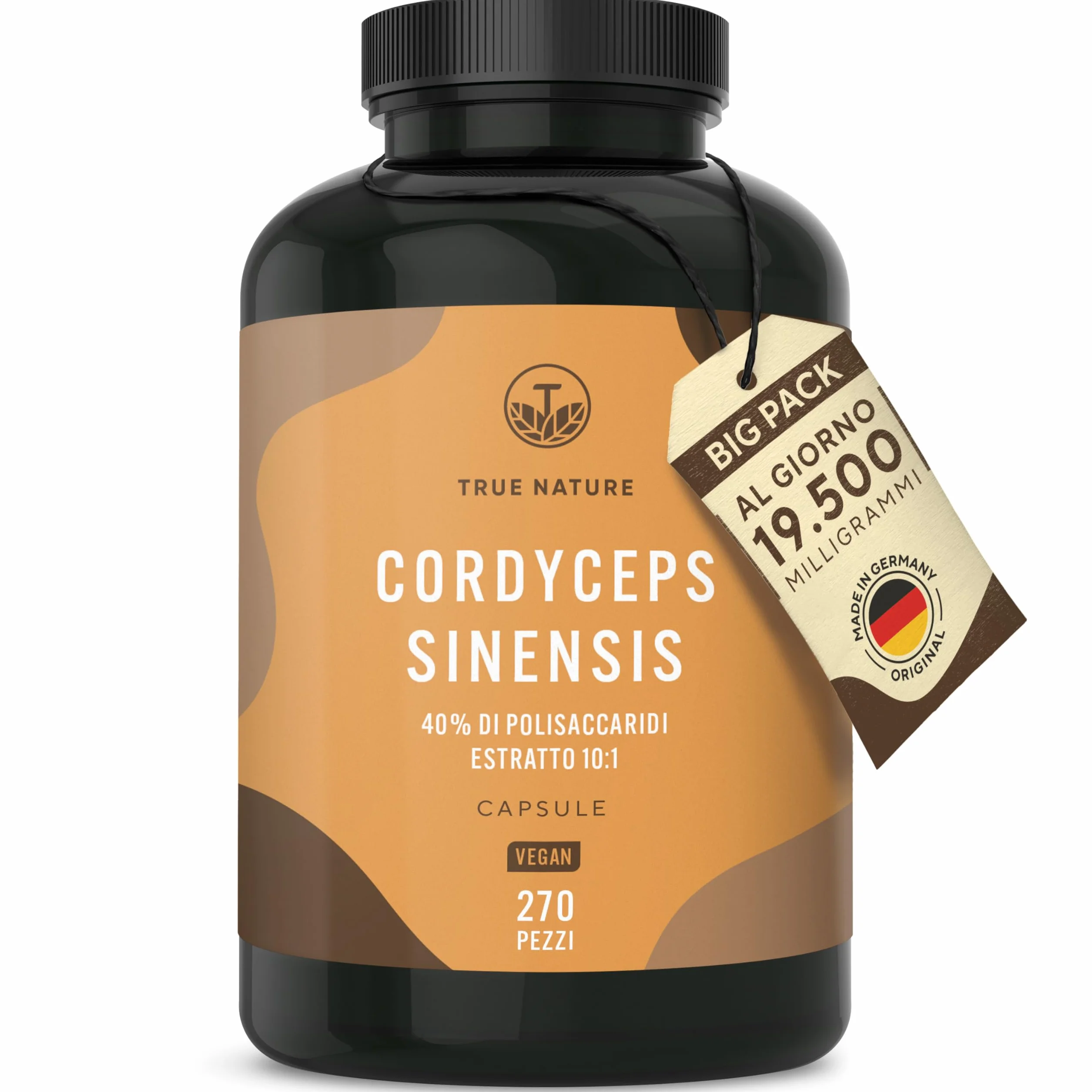 Cordyceps Sinensis - 19500 mg - 270 Capsule (Estratto CS-4 10:1) Alto dosaggio - con 40% di Polisaccaridi Bioattivi - Analizzato in Italia e confezionato in Germania da TRUE NATURE