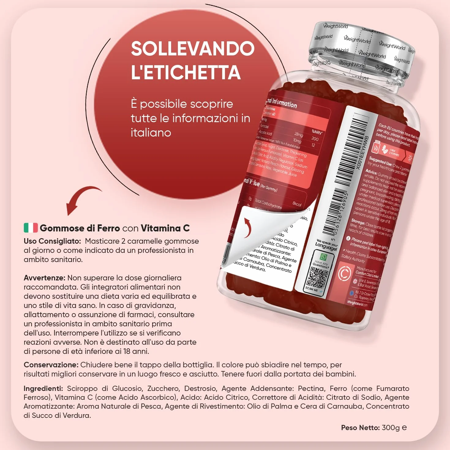 Integratore Ferro e Vitamina C in 120 Caramelle Gommose Vegane (Scorta 2 Mesi), 38mg di Ferro Integratore (Fumarato Ferroso) con Vitamina C (Acido L-Ascorbico), Gusto Naturale di Pesca, Senza Glutine