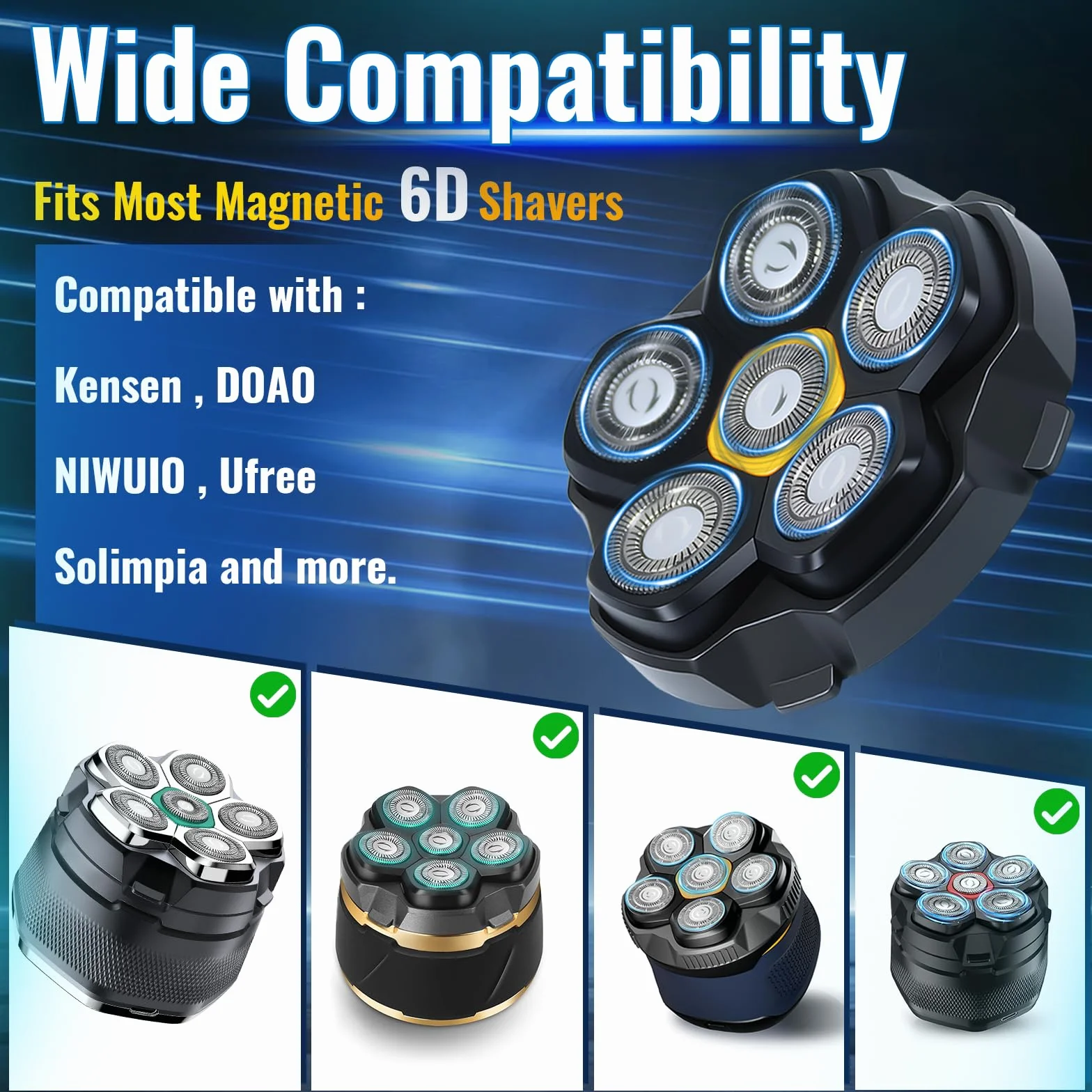 Testine magnetiche per rasoio a 6 lame di ricambio per molti rasoi elettrici magnetici 6D, compatibili con DOAO, Kensen, JoyKoi e Kibiy. (3 pezzi)