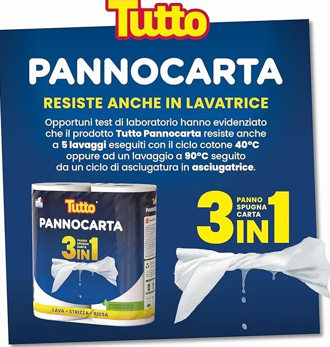 Tutto Pannocarta 3 in 1, 24 Rotoli Carta Multiuso, Extra Assorbente, Lavabile, Riutilizzabile, Made in Italy
