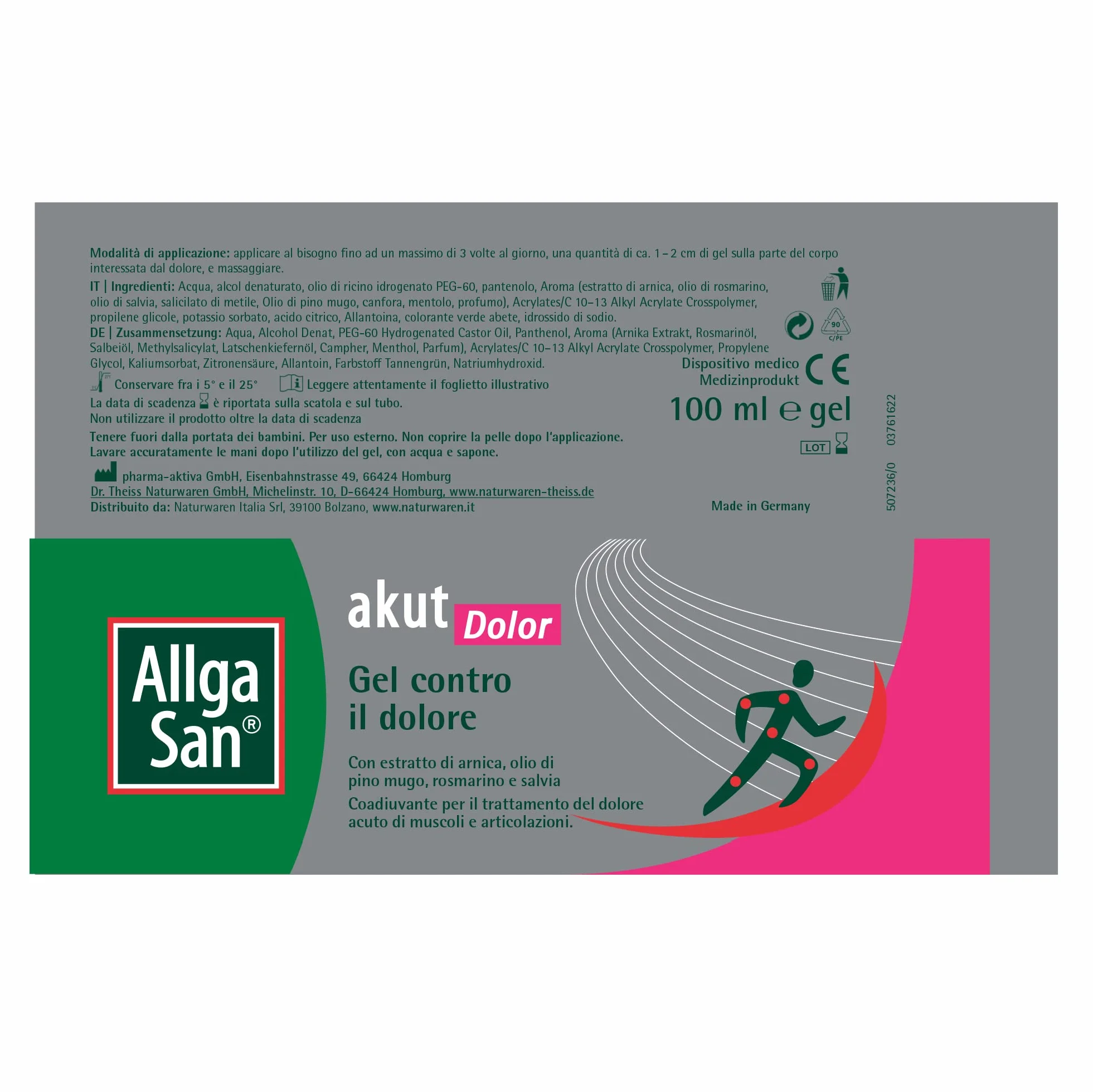 Allga San Akut Dolor Arnica Gel Forte 100 ml, Crema per Dolori Articolari e Muscolari, Massaggio con Canfora