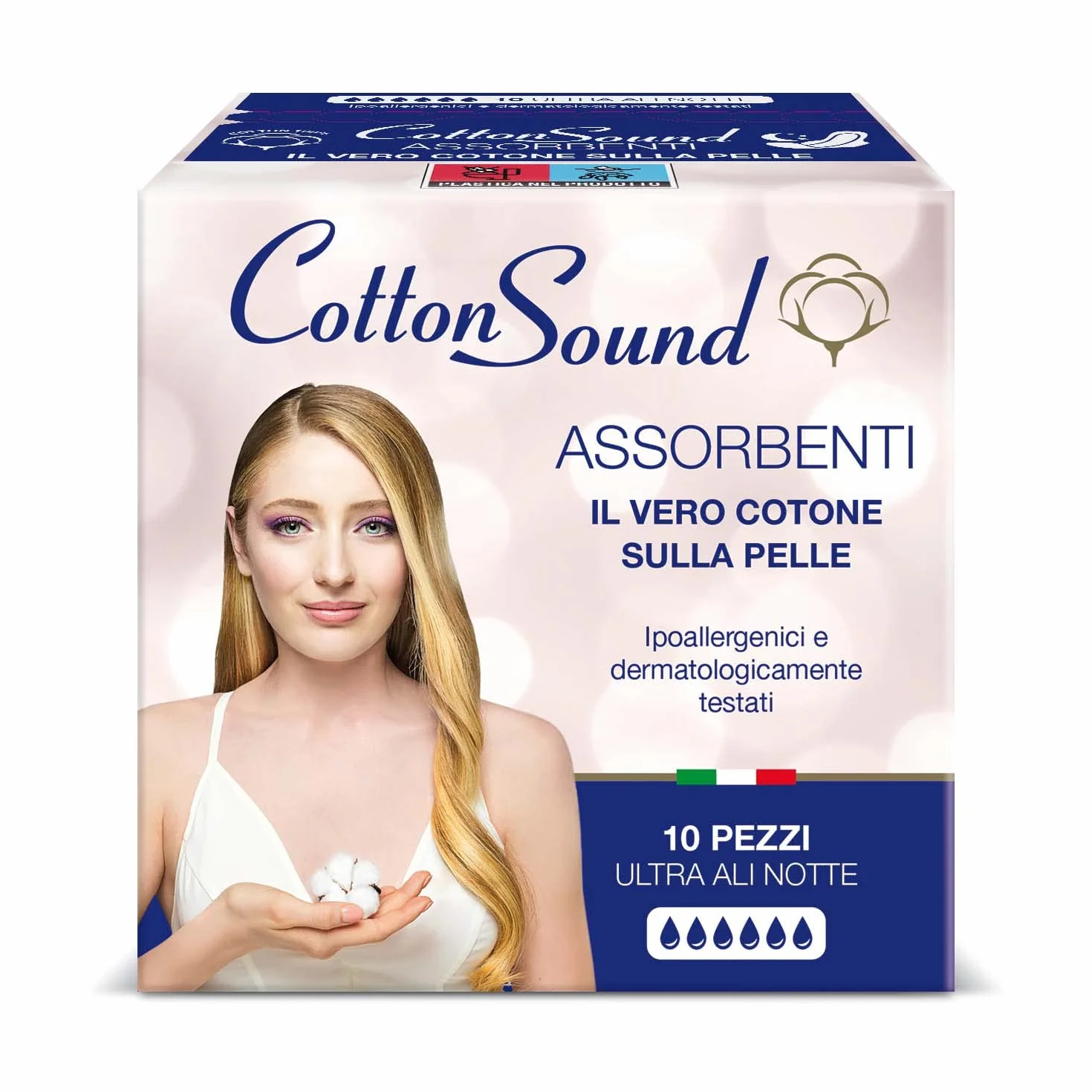 COTTON SOUND ULTRA ALI NOTTE Assorbenti con Cotone 10 Pezzi, 100% Cotone Idrofilo, Ipoallergenici, Super Assorbenti, Tecnologia Multistrato, Made in Italy