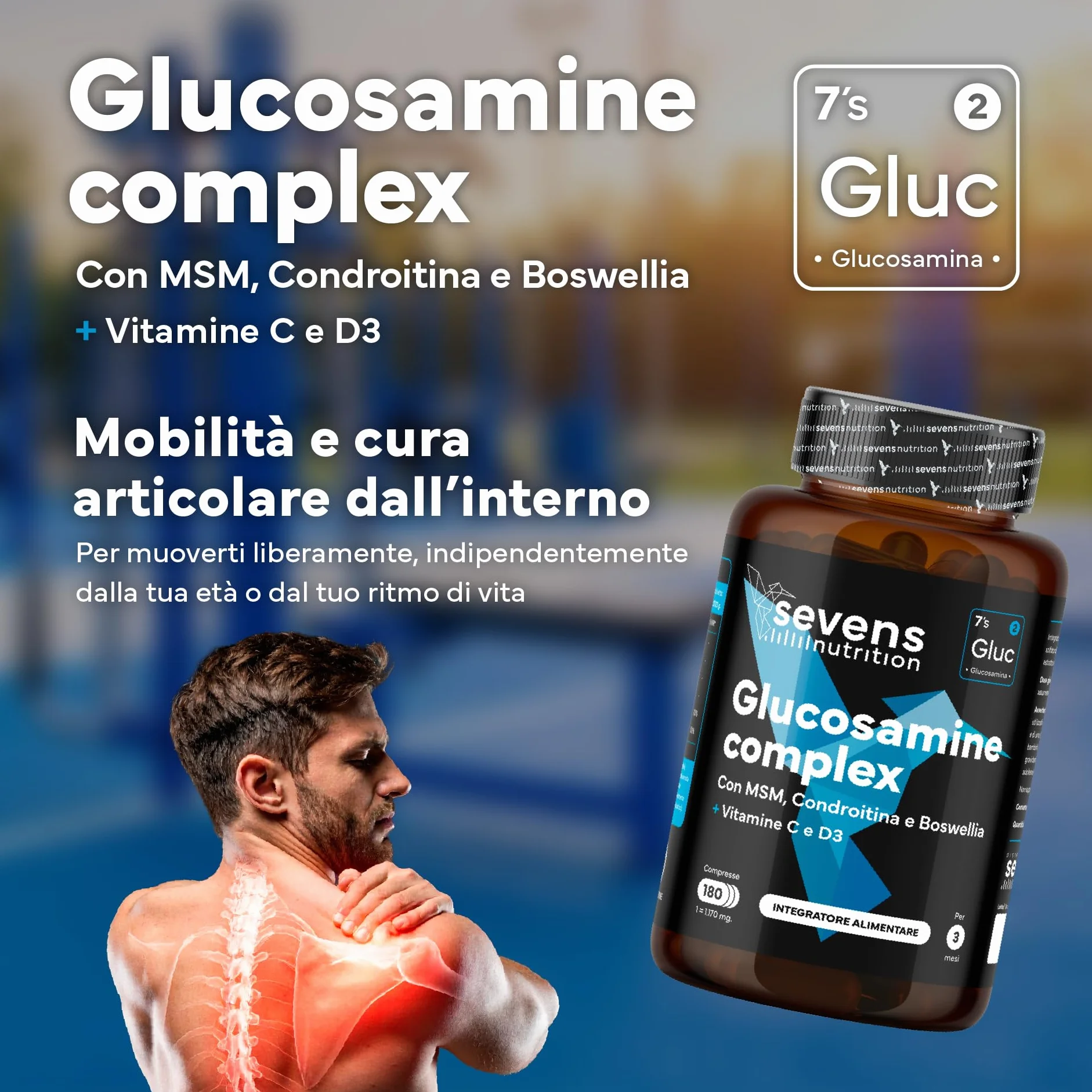 Glucosamina, Condroitina e MSM – Integratore per Articolazioni, Cartilagine e Ossa – Formula con Boswellia, Vitamine C e D3 – 180 Capsule ad Alta Densità – Sevens Nutrition