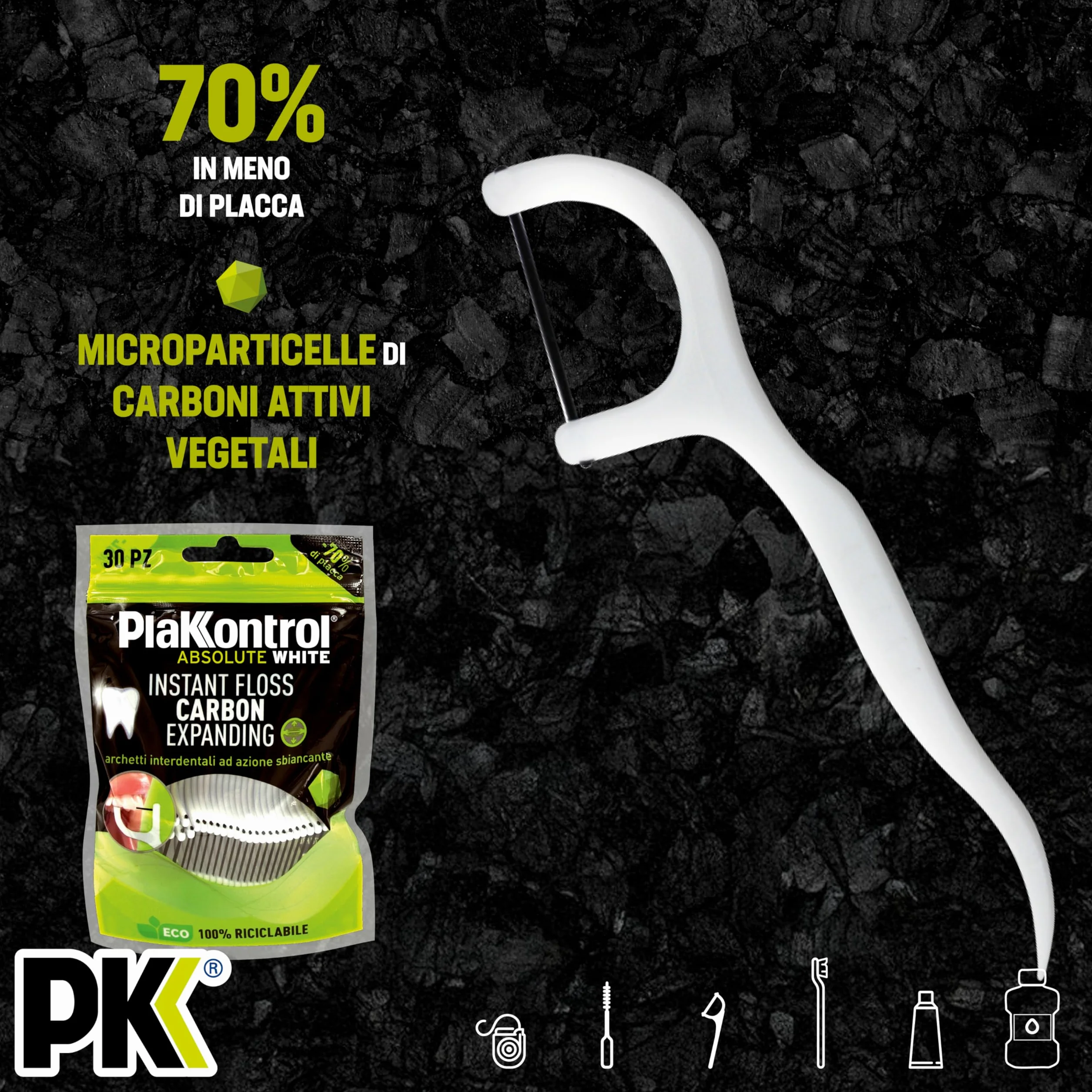 Plakkontrol® Absolute White Instant Floss Carbon Expanding, archetti interdentali ad azione sbiancante con microparticelle di carboni attivi vegetali - 30 pz – peso confezione: ℮ 30 g
