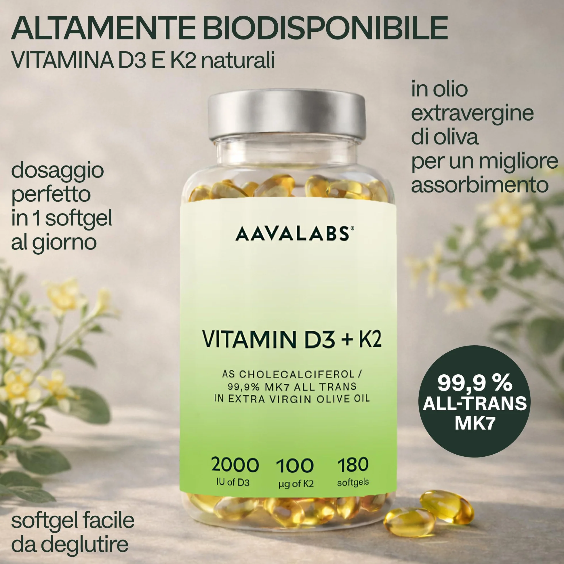 Vitamina D3 K2 2000 UI + MK7 100 μg Olio Extravergine d'Oliva 180 Capsule